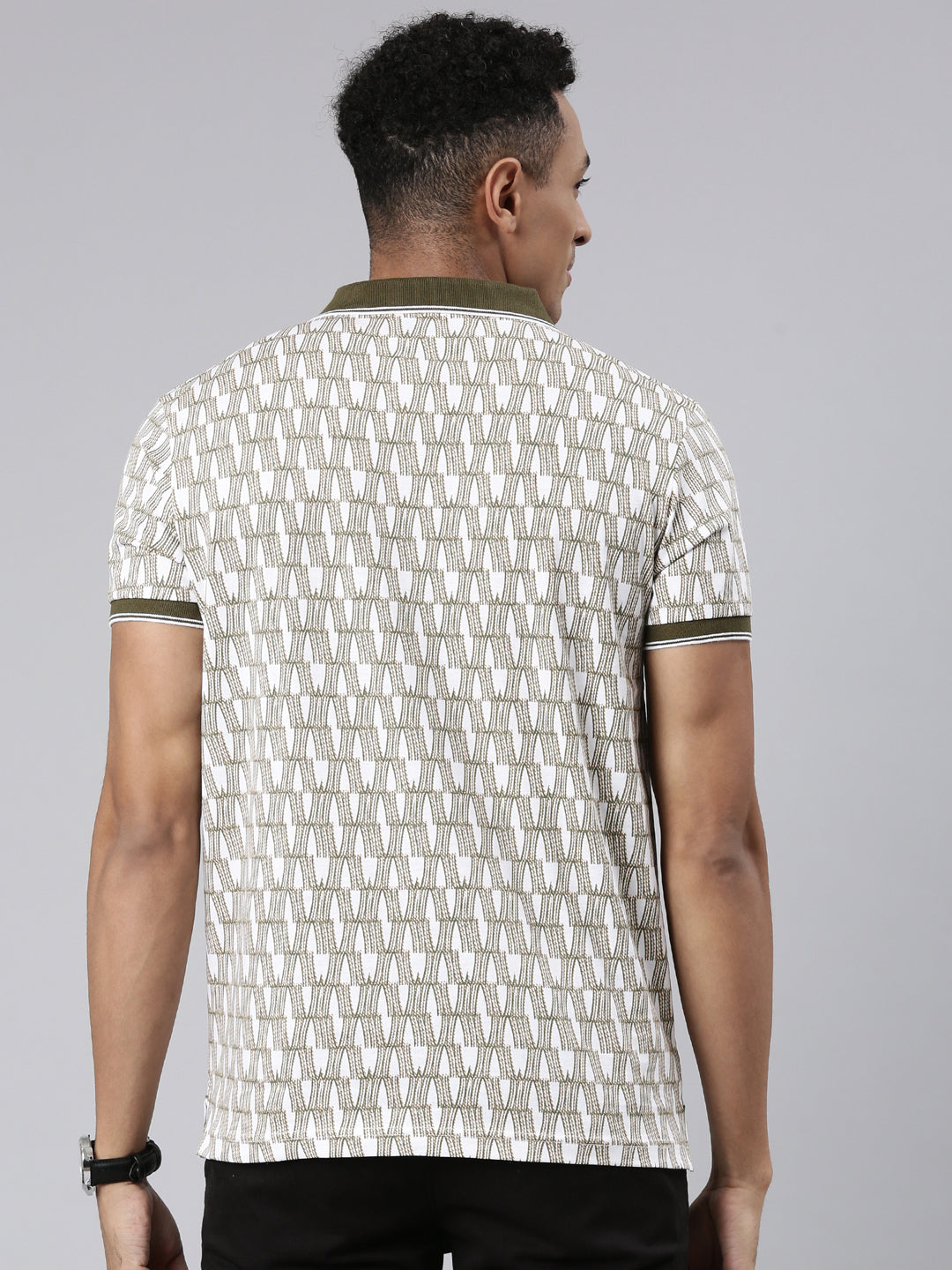 Classic Polo Men's Half Sleeve Olive/White Polo Neck Cotton Blend Slim Fit T-Shirt | BELLO - 304 B SF P