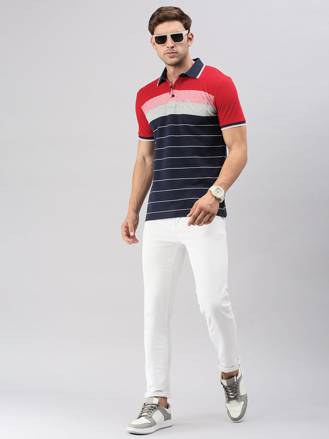 Classic Polo Men's Half Sleeve Navy Blue/Red Polo Neck Slim Fit Striped T-Shirt | VTA - 283 B SF P