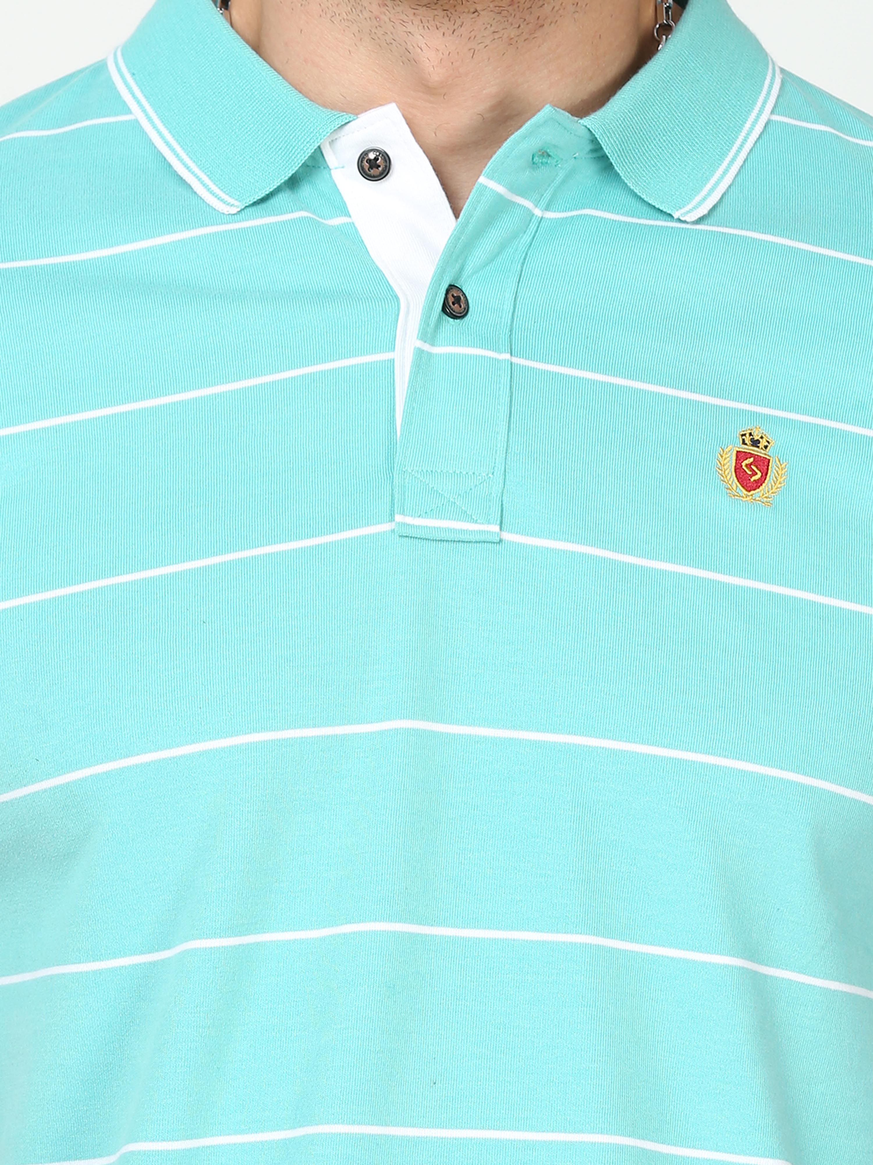 Classic Polo Mens Cotton Half Sleeves Striped Slim Fit Polo Neck Aqua Color T-Shirt | Cpeg - 306 B Sf P