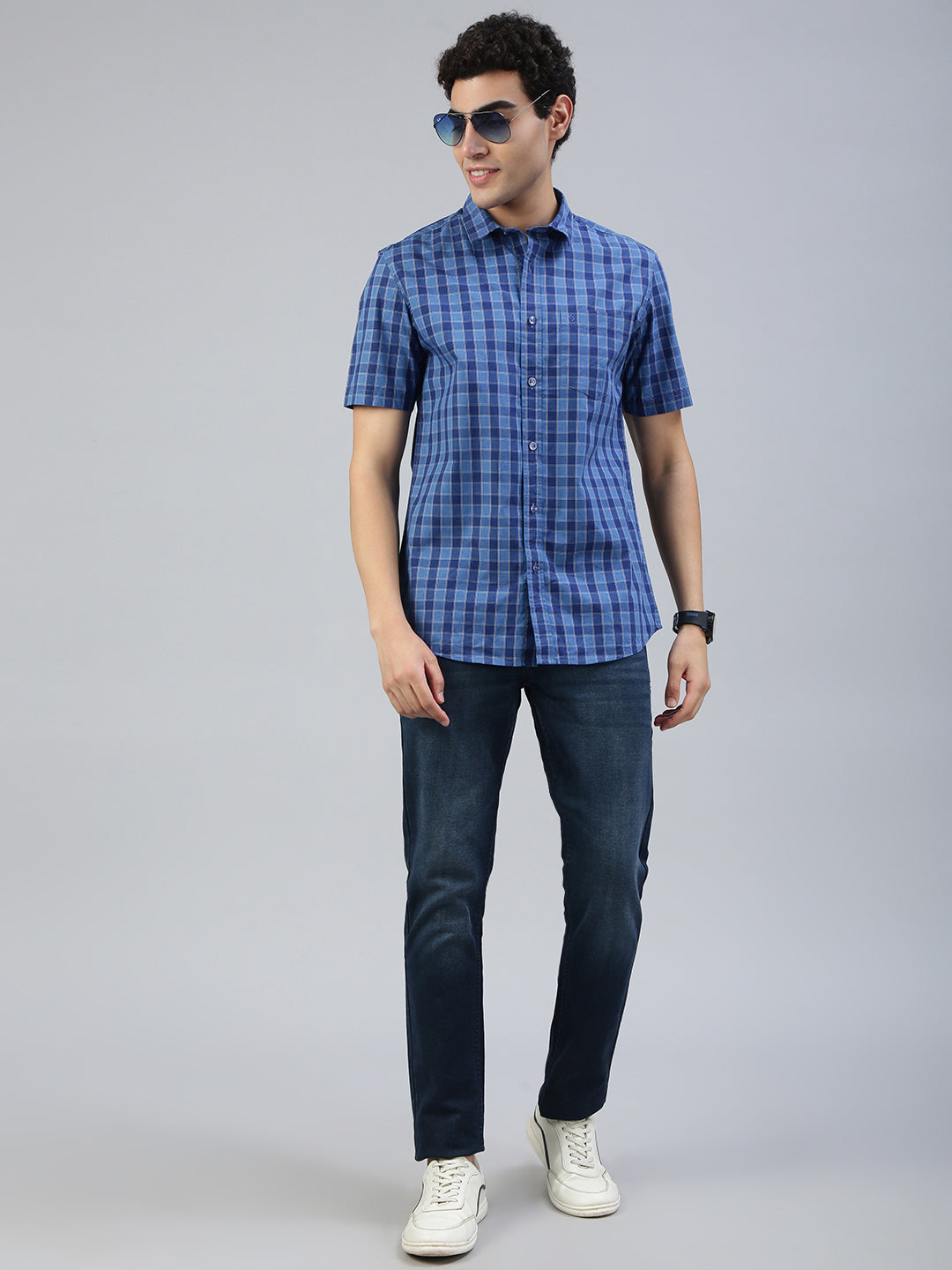Classic Polo Men's Half Sleeve Blue Polo Neck Slim Fit Checked Shirt||SQ1-CL-63 B-HS-CHK-SF