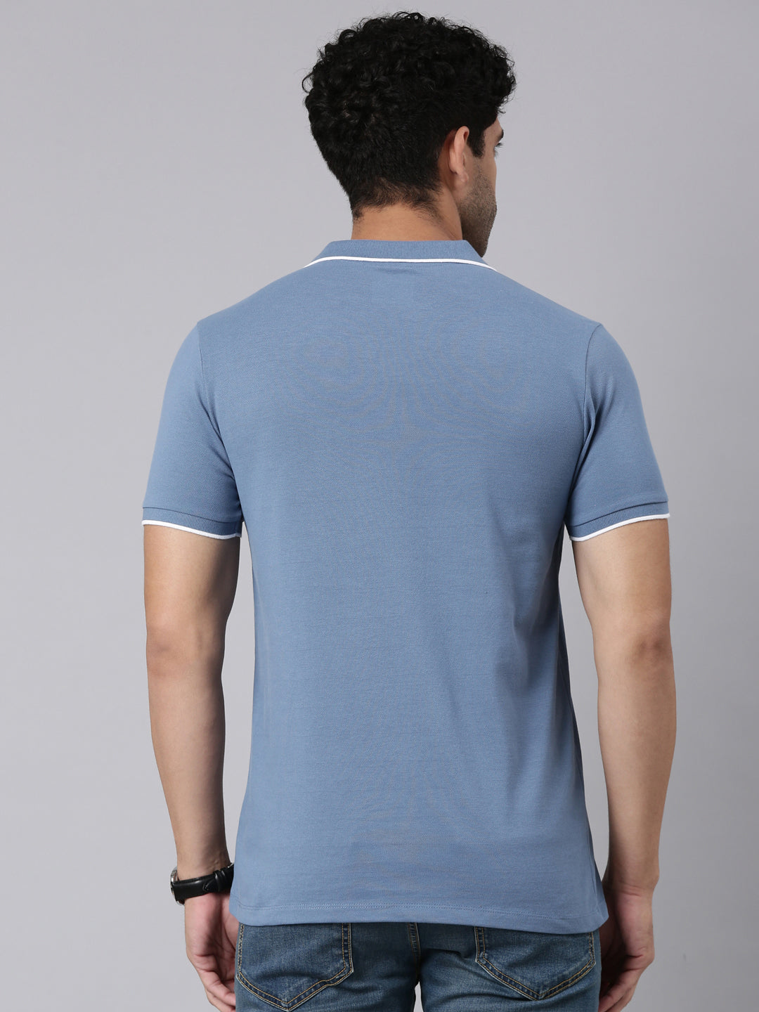 Classic Polo Men's Half Sleeve Steel Blue Polo Neck Slim Fit Solid Cotton Blend T-Shirt | RAVE POLO - 01 A SF P