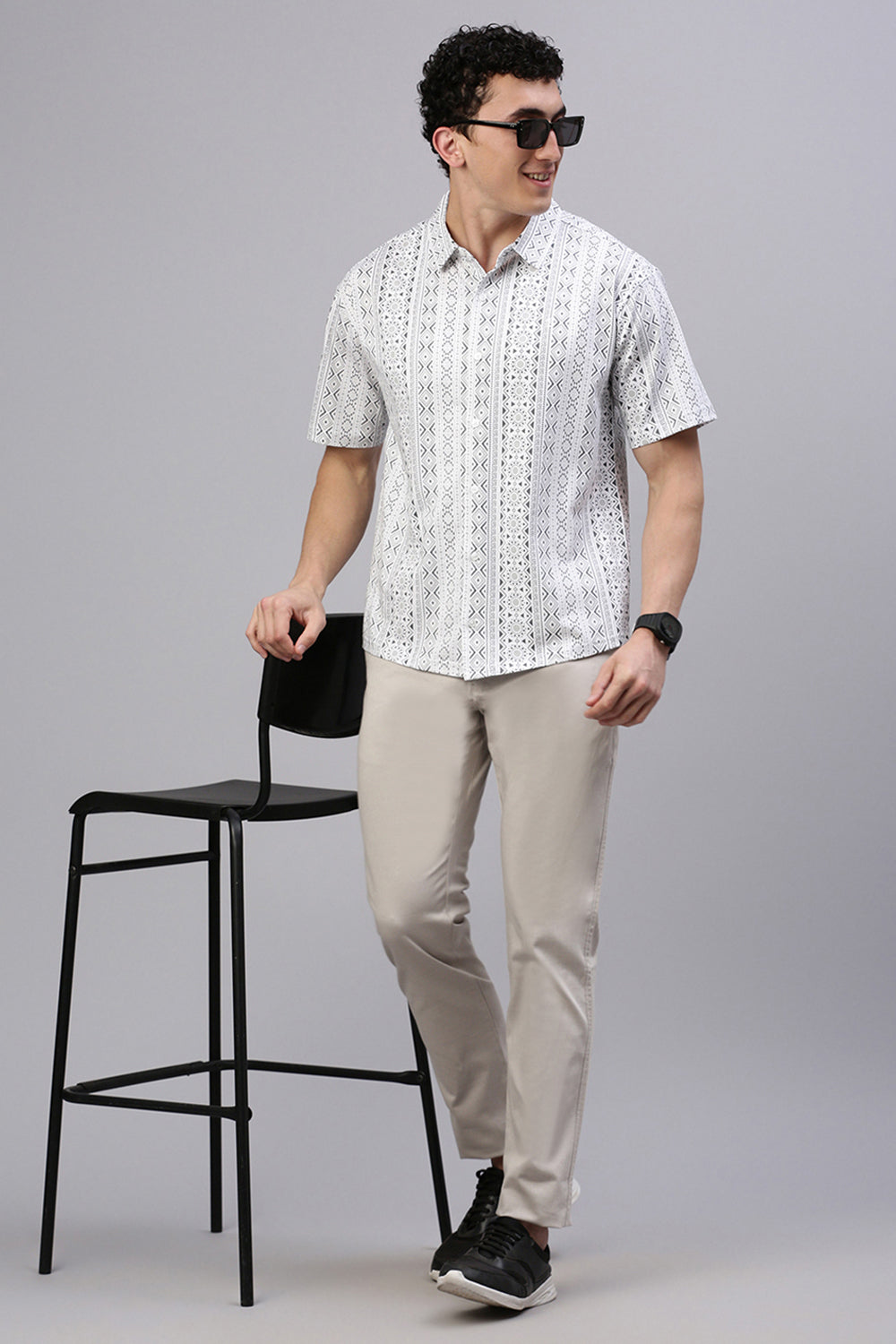 Classic Polo Men's Half Sleeve White/Grey Polo Neck Slim Fit All-Over Print Drop Shoulder Shirt