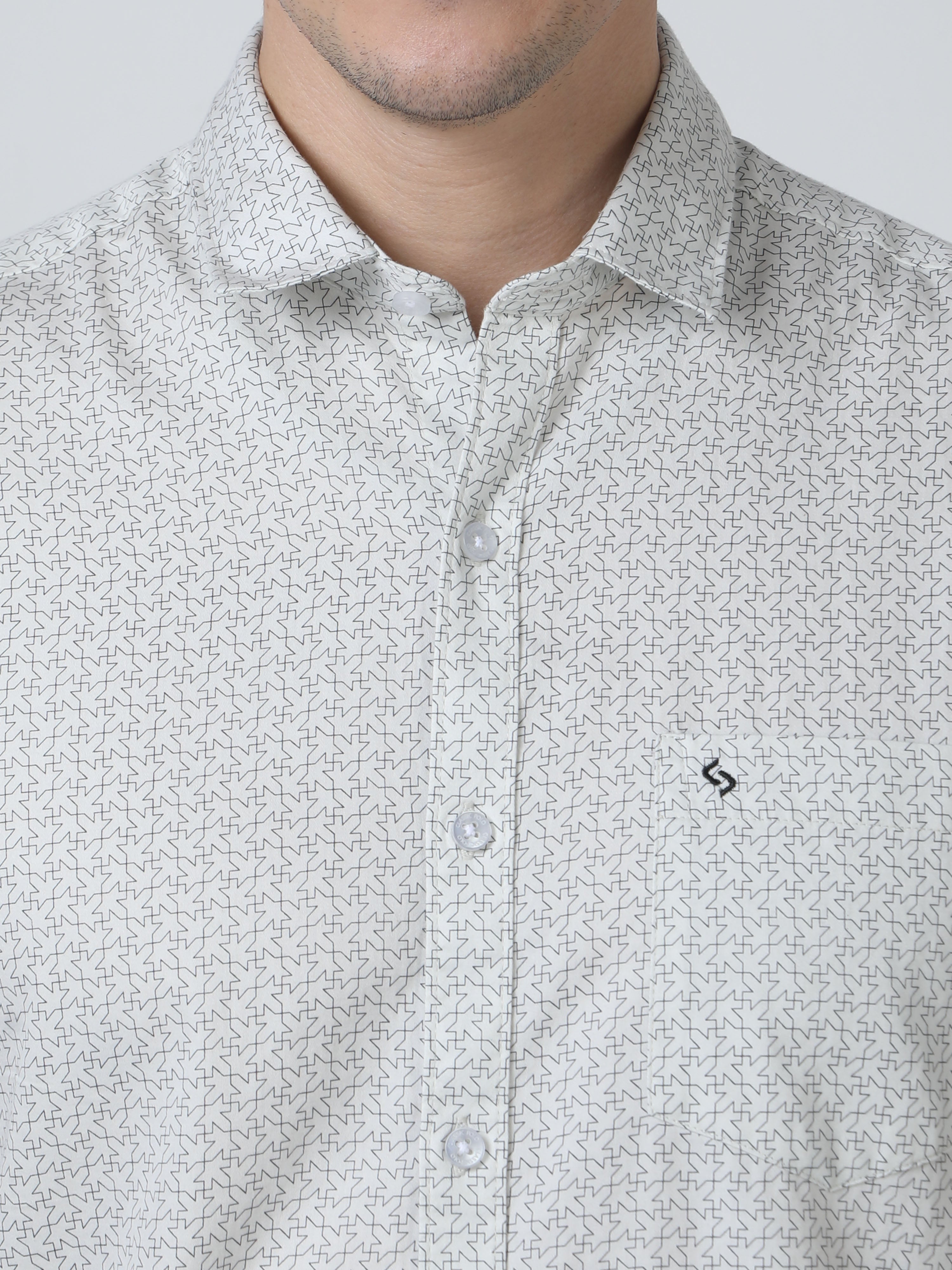 Classic Polo Mens Pure Cotton Half Sleeves Printed Slim Fit Polo Neck Cream Color Woven Shirt | So2-06 B-Hs-Prt-Sf