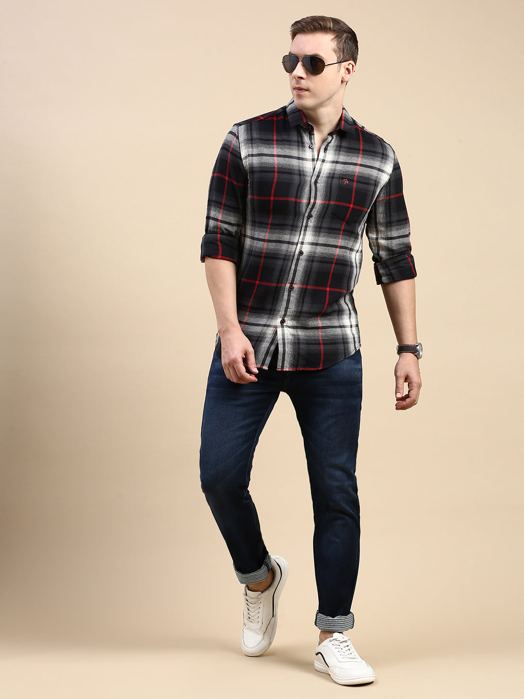 CP BRO Men's Polo Neck Cotton Black/White Slim Fit Checked Shirt | SBO2-29A-FS-CHK-BSL