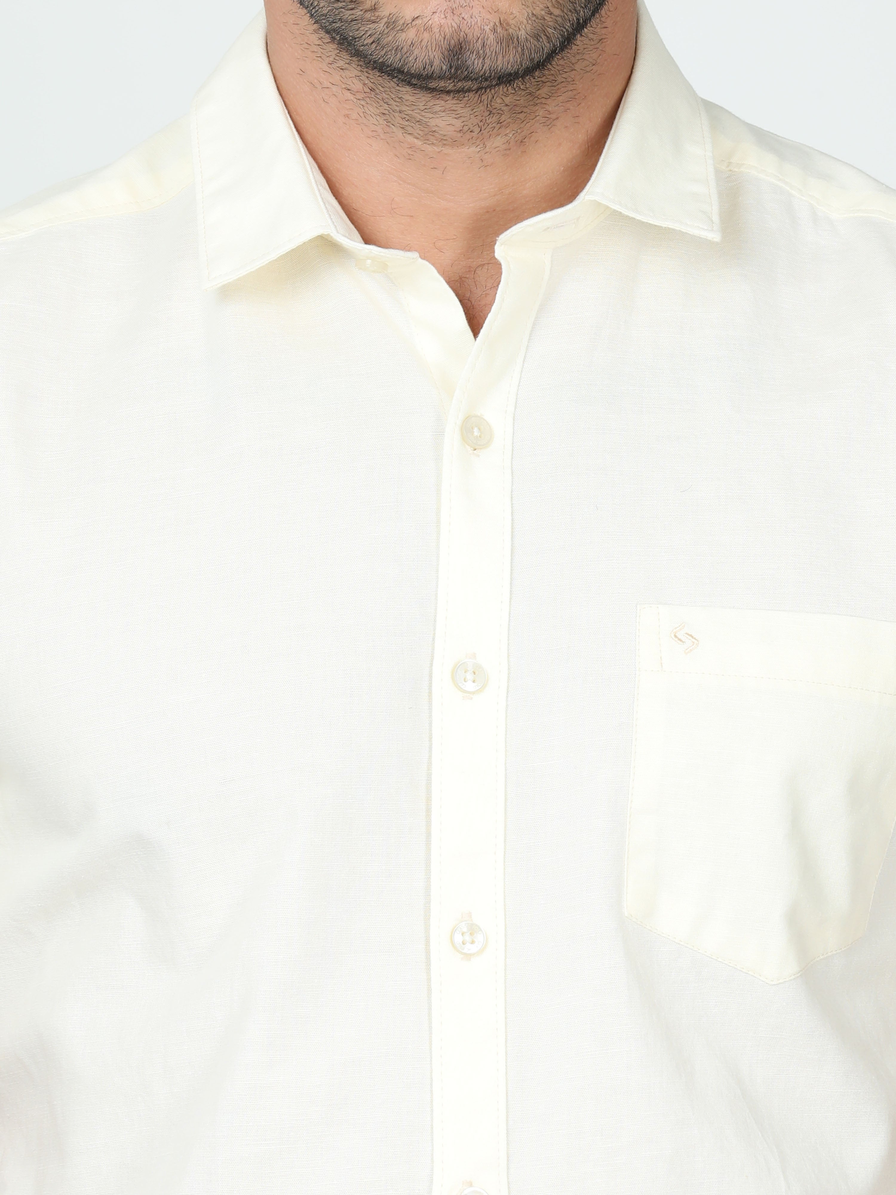 Classic Polo Mens Linen Cotton Half Sleeve Slim Fit Polo Neck Cream Color Woven Shirt | Linen - 12 B-HS-SLD-SF