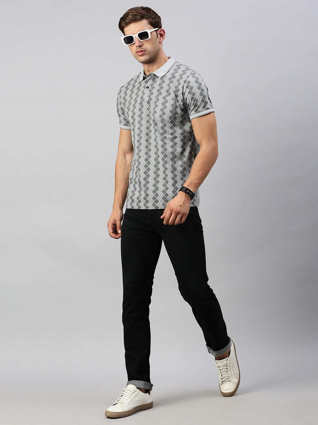 Classic Polo Men's Printed Grey/Black Cotton Slim Fit Half Sleeve T-Shirt | BELLO - 294 A SF P