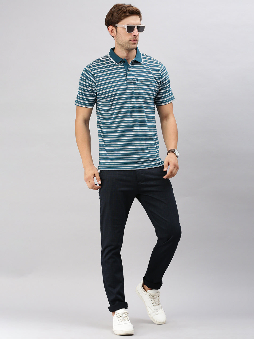 Classic Polo Men's Half Sleeve Teal/White Polo Neck Cotton Authentic Fit T Shirt | FEEDERS - 262 A AF P