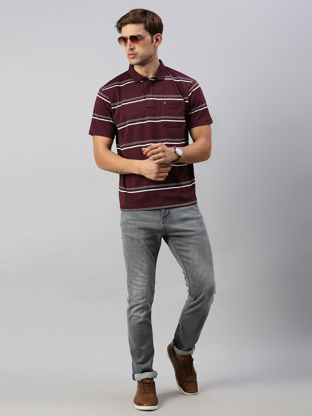 Classic Polo Men's Half Sleeve Burgundy/White Polo Neck Cotton Authentic Fit T Shirt | AVON - 579 A AF P