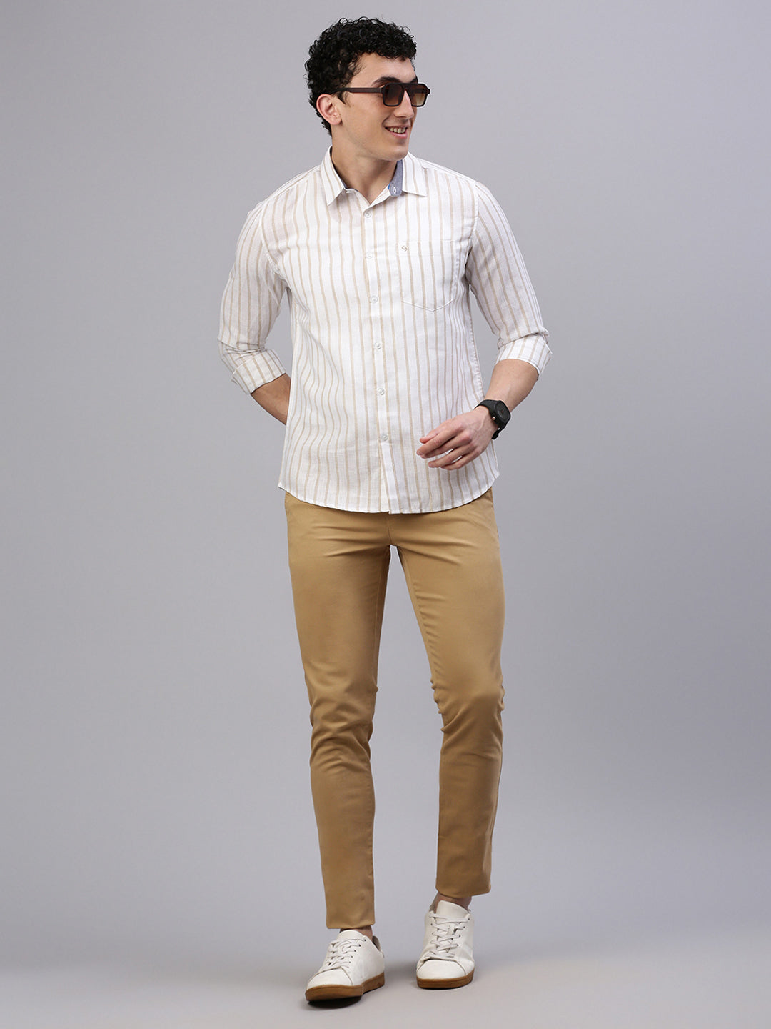 Classic Polo Men's Full Sleeve White/Beige Polo Neck Slim Fit Striped Casual Shirt||SQ1-EL-12 B-FS-STR-SF