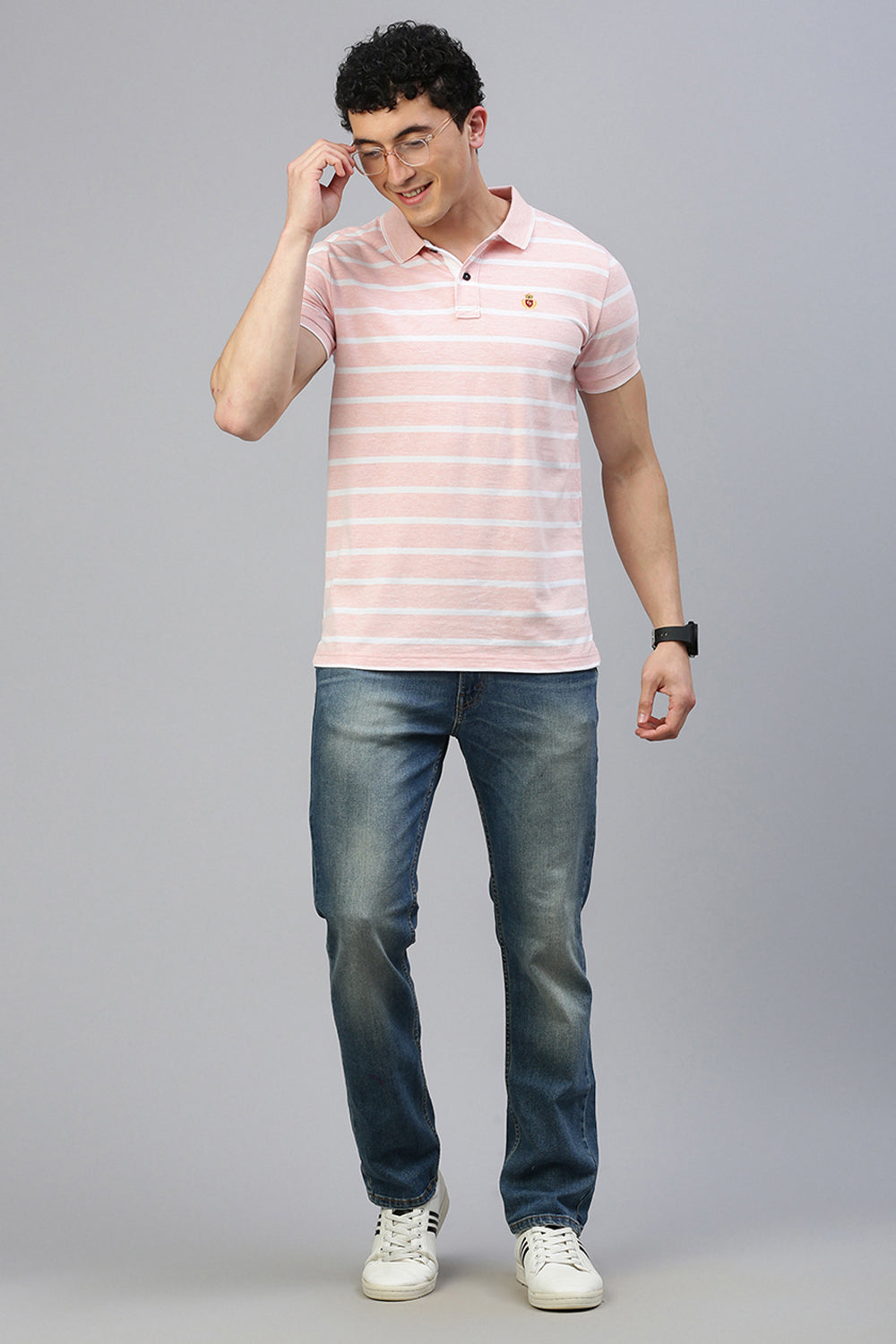 Classic Polo Men's Half Sleeve Lt.Peach/White Polo Neck Slim Fit Striped T-Shirt
