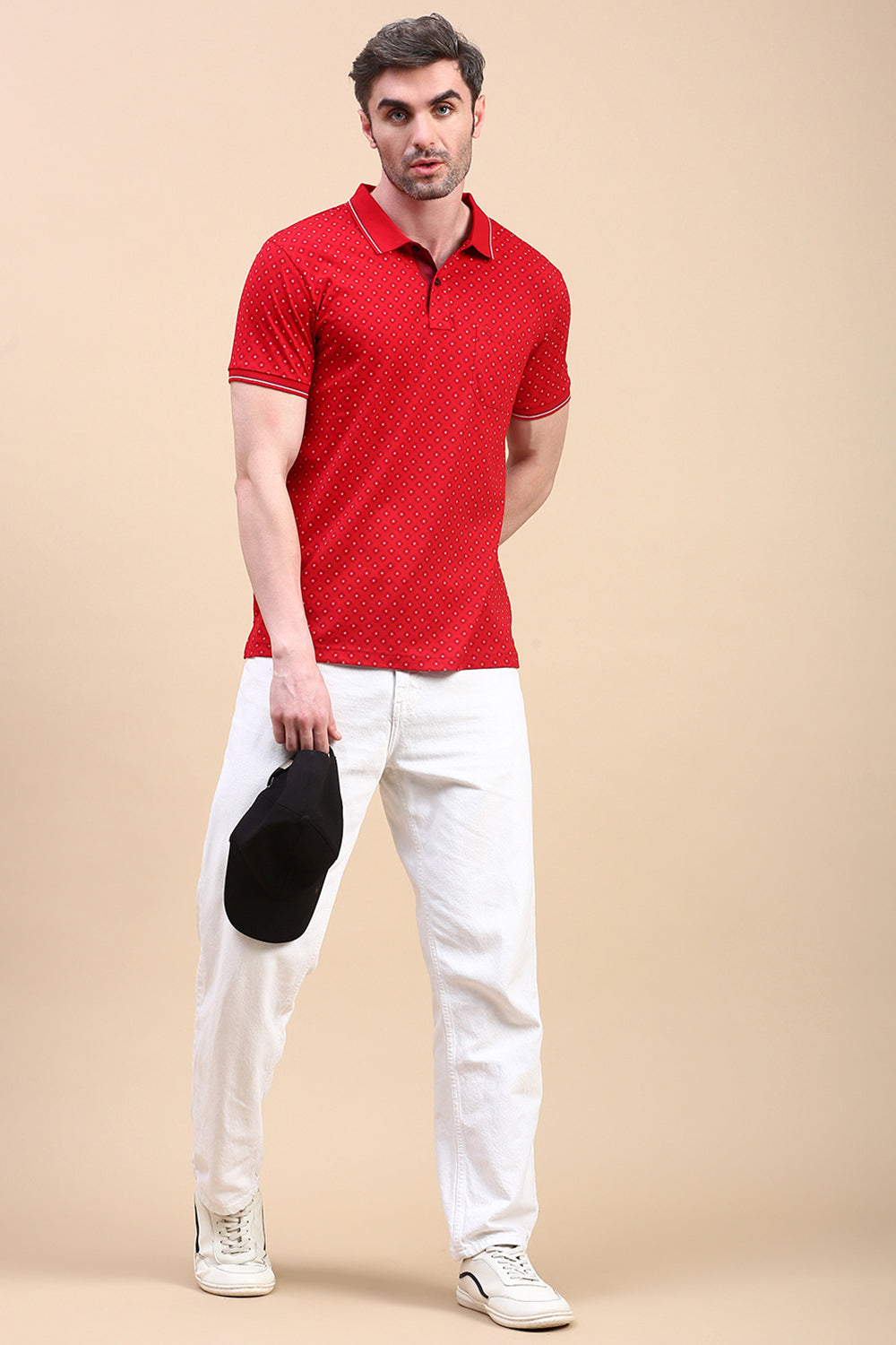 Classic Polo Men's Half Sleeve Red Polo Neck Slim Fit All Over Print T-Shirt | BELLO - 321 A SF P