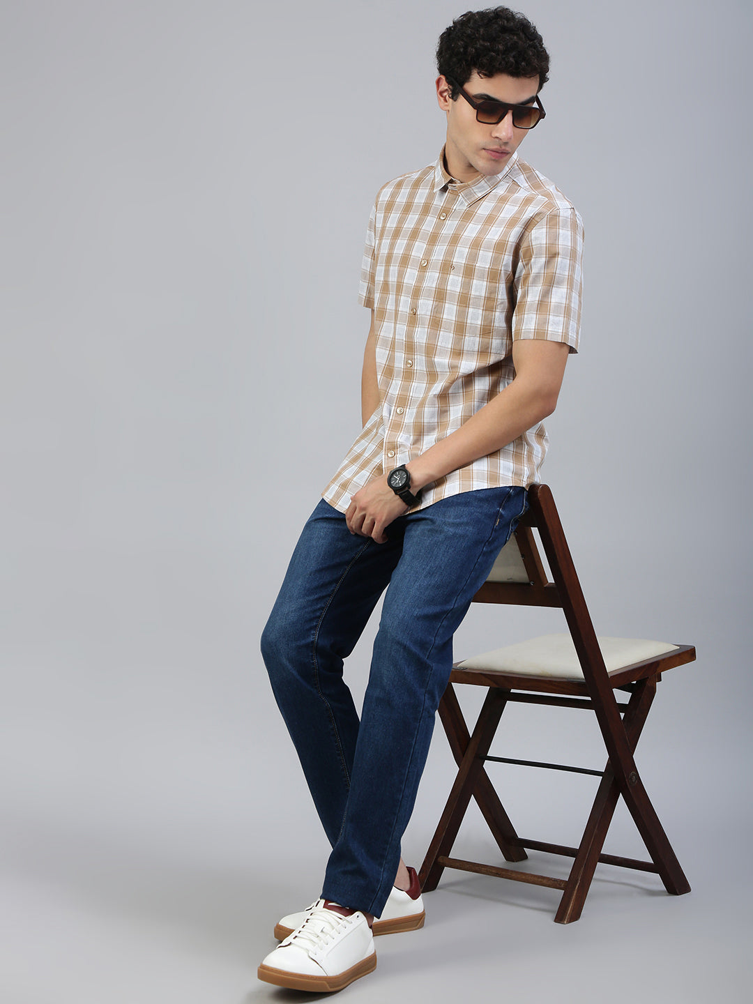 Classic Polo Men's Half Sleeve Mustard/White Polo Neck Slim Fit Checked Shirt||SQ1-CL-62 B-HS-CHK-SF