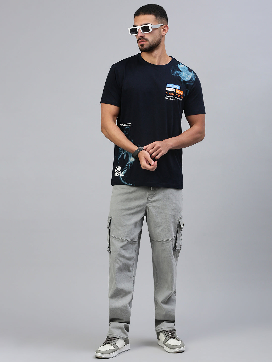 Classic Polo Men's Half Sleeve Navy Blue Crew Neck Slim Fit Printed T-Shirt||BALENO - 621 B SF C