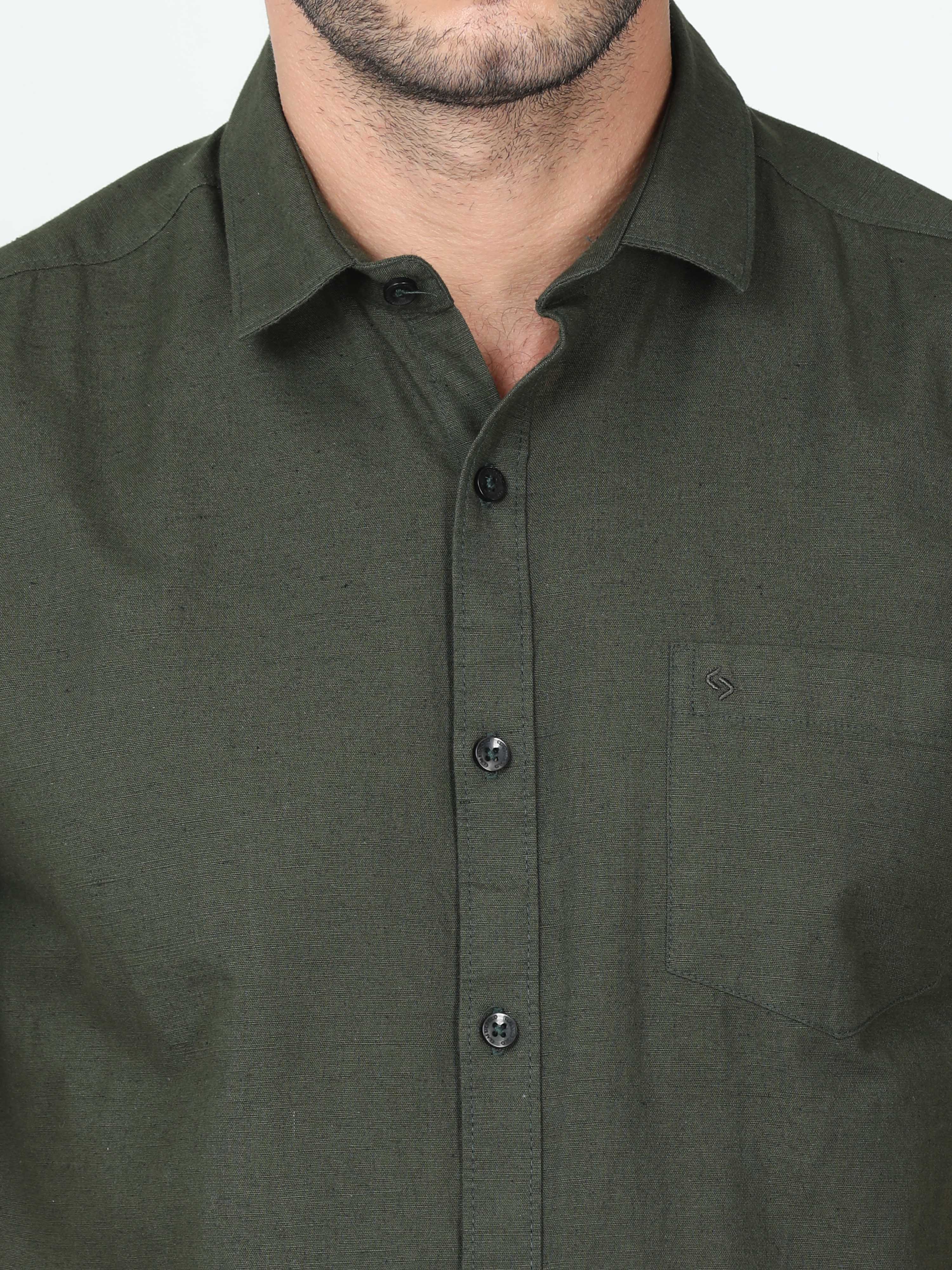 Classic Polo Mens Linen Cotton Half Sleeve Slim Fit Polo Neck Olive Color Woven Shirt | Linen - 26 D-HS-SLD-SF
