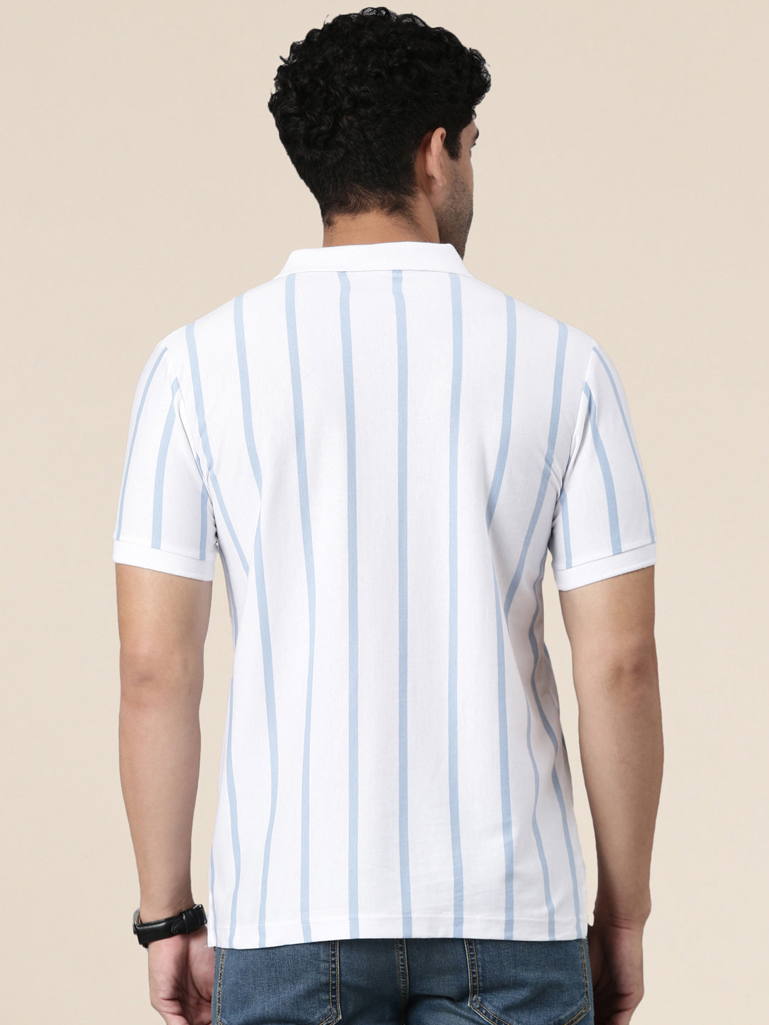 Classic Polo Men's Half Sleeve White/Light Blue Polo Neck Slim Fit Striped Cotton Blend T-Shirt | VERTICS - 121 A SF P
