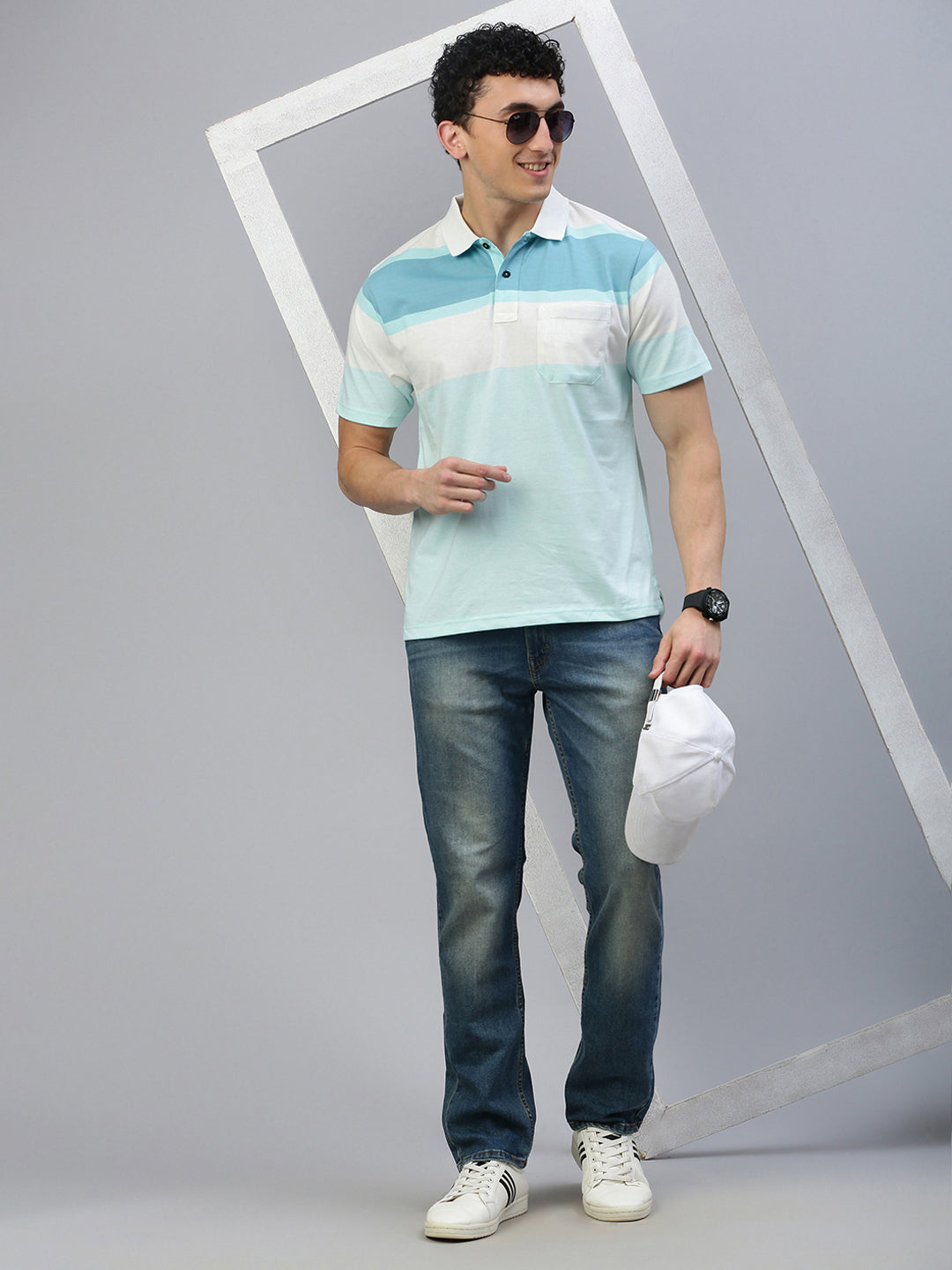 Classic Polo Men's Half Sleeve Blue/White Polo Neck Authentic Fit Striped T-Shirt||MEL - 262 B AF P