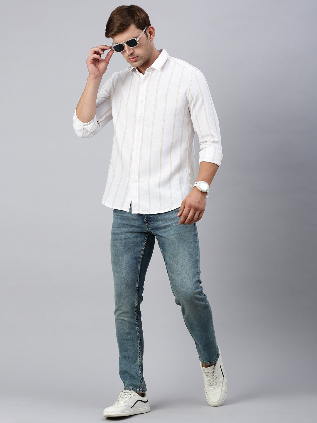 Classic Polo Men's Full Sleeve White/Beige Slim Fit Striped Casual Shirt | SP2-EL-01 C-FS-STR-SF