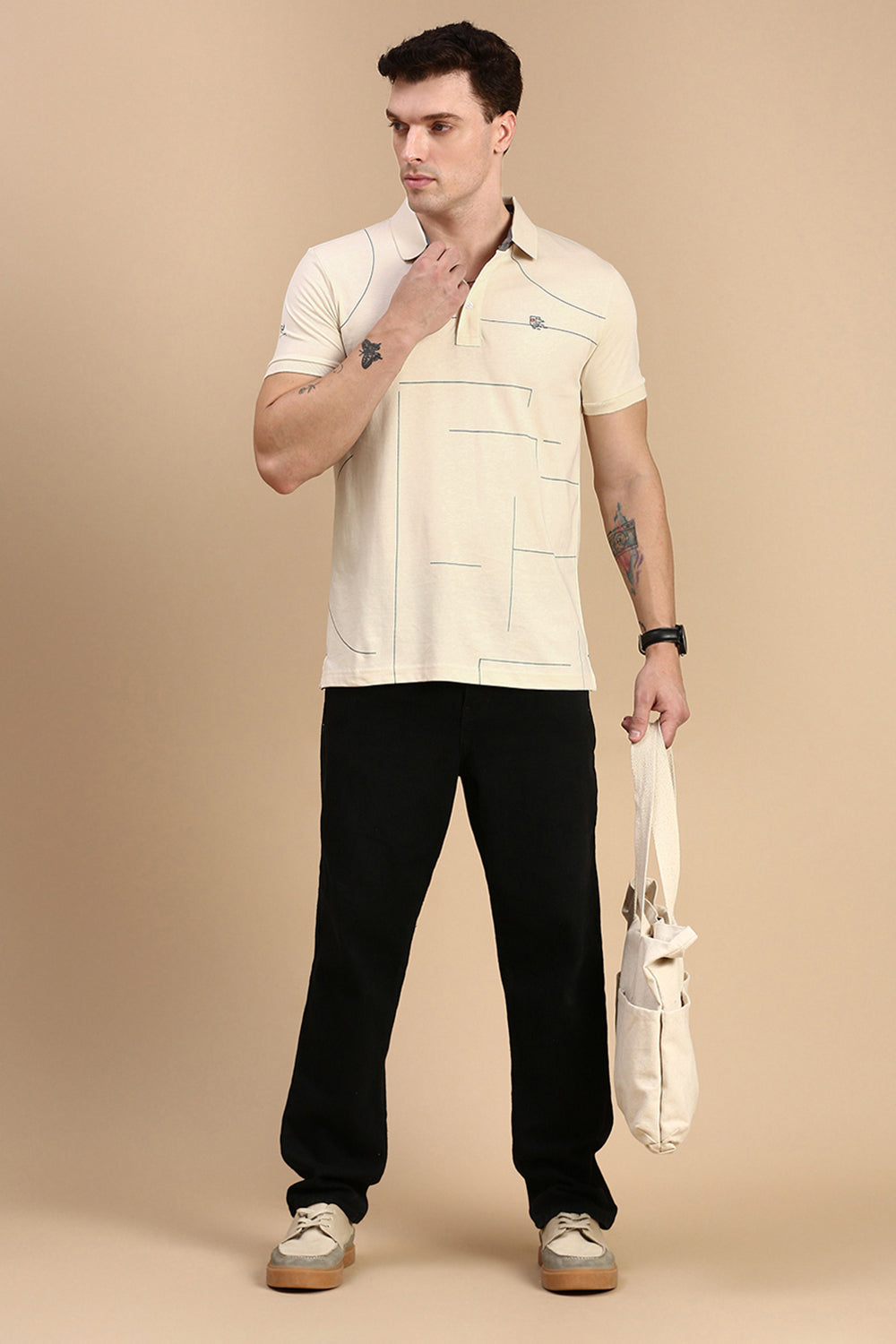 Classic Polo Men's Half Sleeve Beige Polo Neck Slim Fit Printed T-Shirt | FP - 04 B SF P