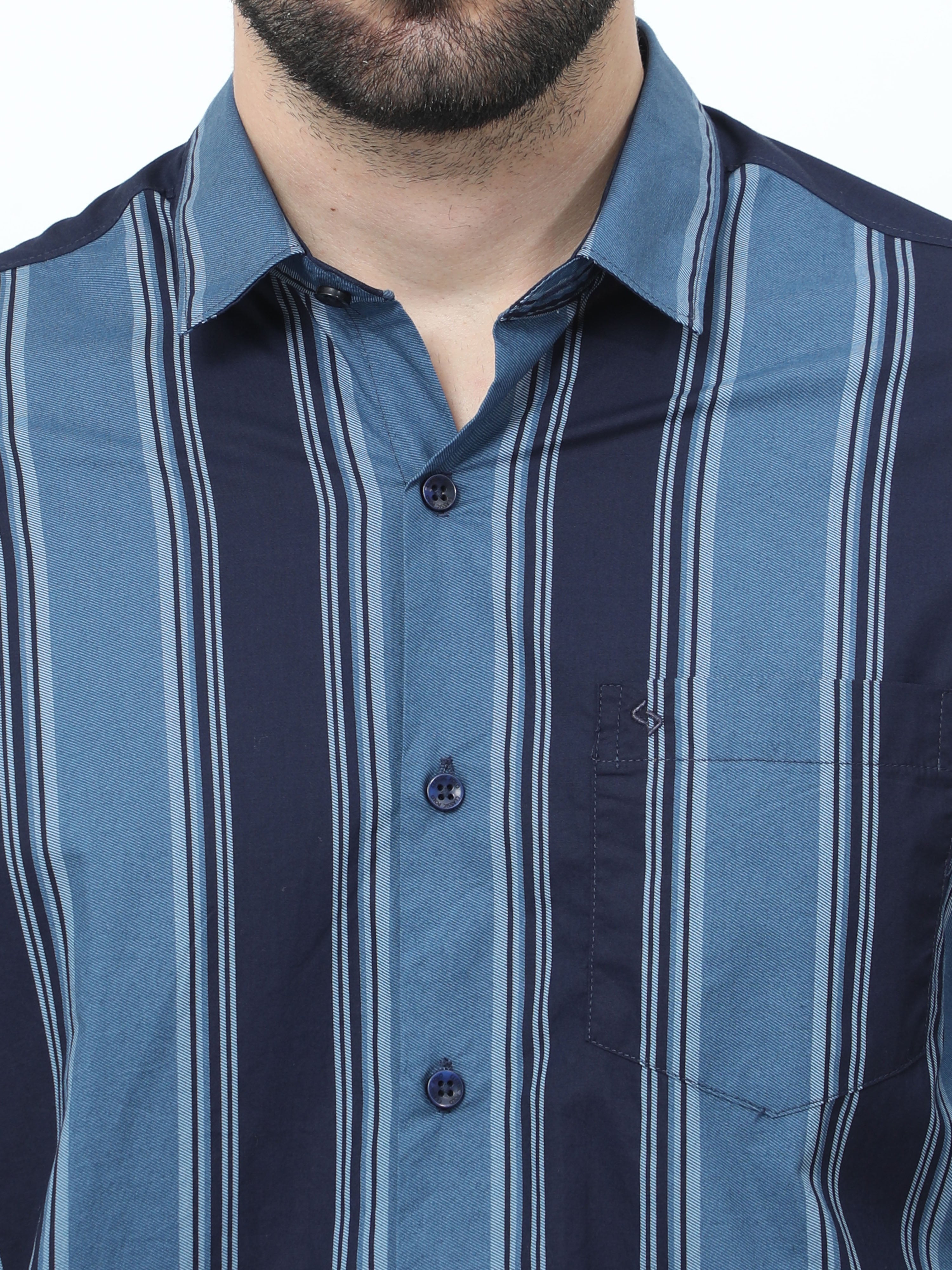 Classic Polo Mens Pure Cotton Full Sleeves Striped Slim Fit Polo Neck Blue Color Woven Shirt | So2-178 A-Fs-Str-Sf