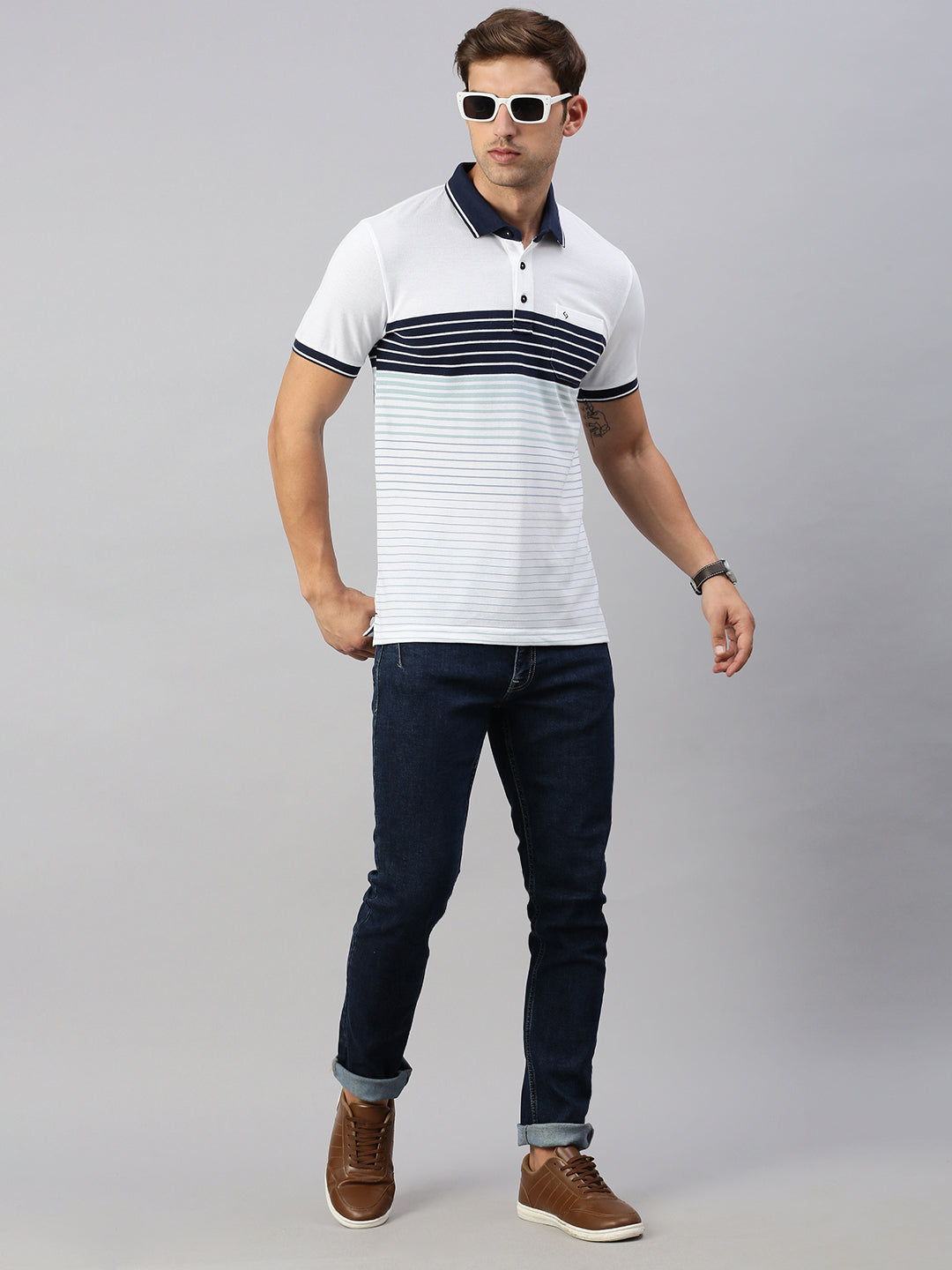 Classic Polo Men's Half Sleeve White/Navy Polo Neck Slim Fit Striped T-Shirt | VTA - 284 A SF P