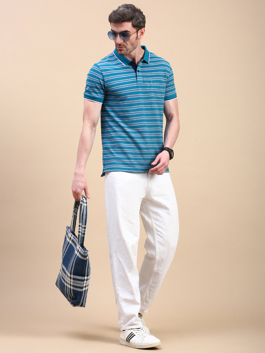 Classic Polo Men's Half Sleeve Teal Blue Polo Neck Slim Fit Striped T-Shirt||ADORE - 237 B SF P
