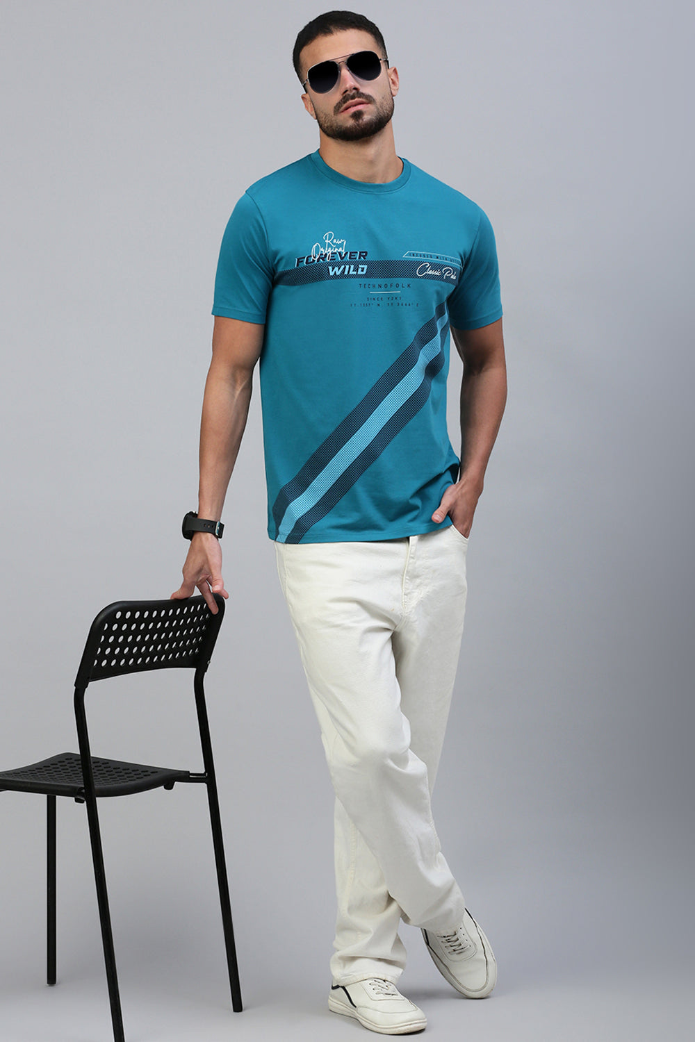 Classic Polo Men's Half Sleeve Blue Crew Neck Slim Fit Printed T-Shirt
