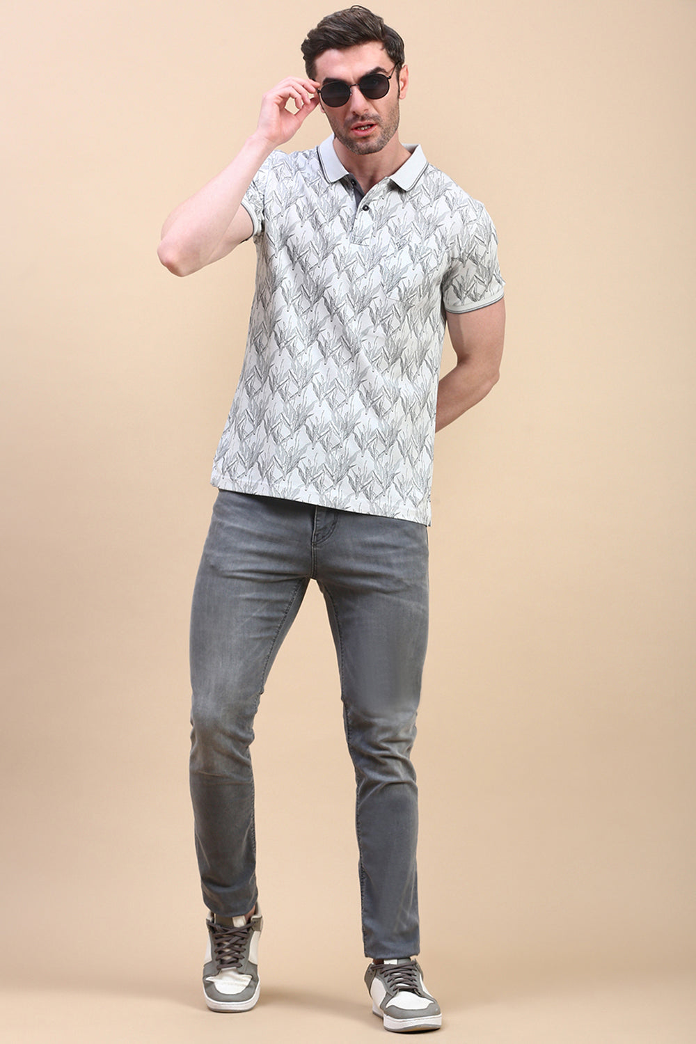 Classic Polo Men's Half Sleeve Grey/Black Polo Neck Slim Fit All-Over Print T-Shirt