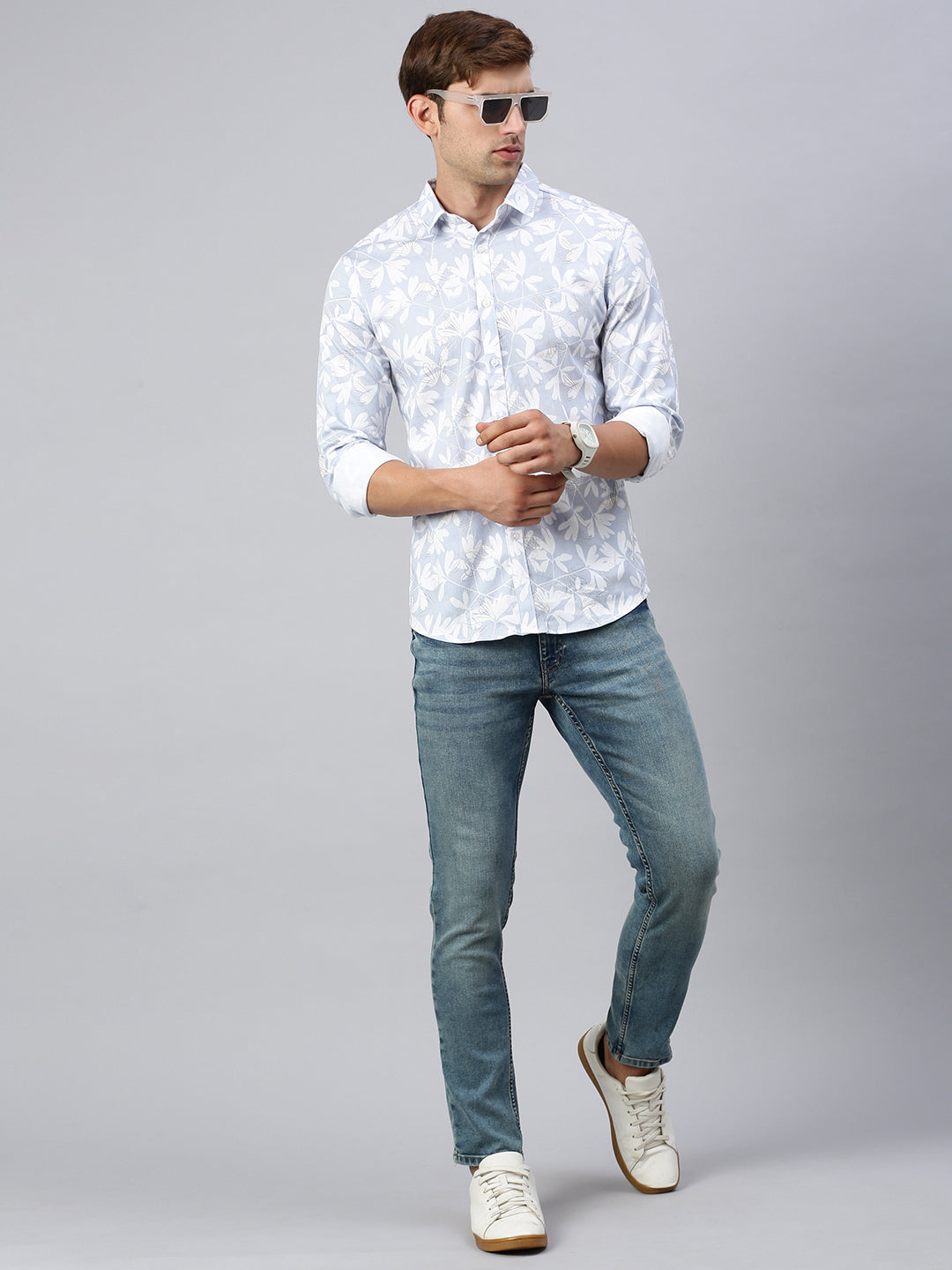 Classic Polo Men's Full Sleeve Lt.Blue/White Polo Neck Slim Fit Printed Shirt | SP2-GN-05 A-FS-PRT-BSL