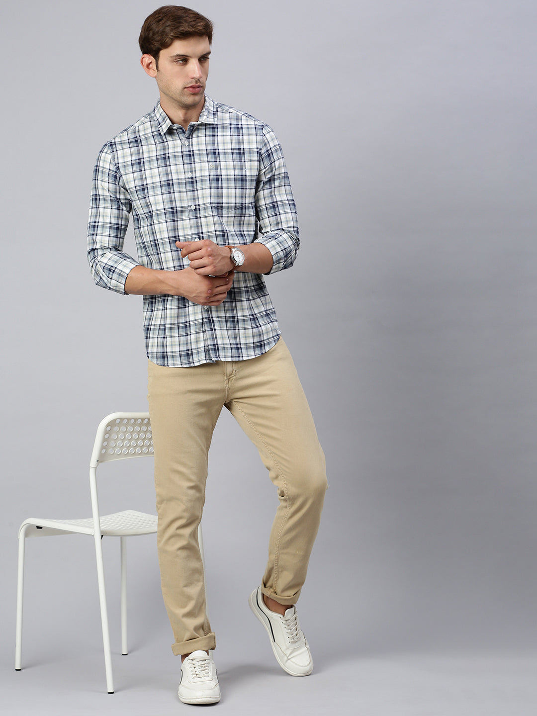 Classic Polo Men's Full Sleeve White/Blue Slim Fit Checked Casual Shirt | SP2-CL-30 A-FS-CHK-SF