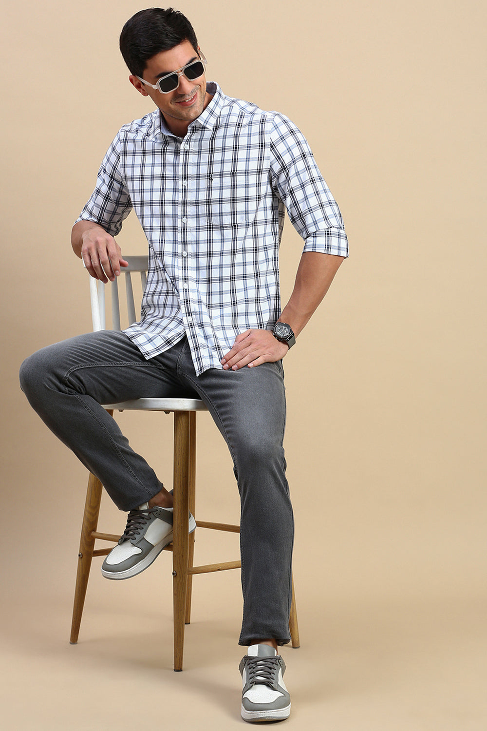 Classic Polo Men's Full Sleeve White/Black Polo Neck Slim Fit Checked Shirt | SP2-CL-76 A-FS-CHK-SF