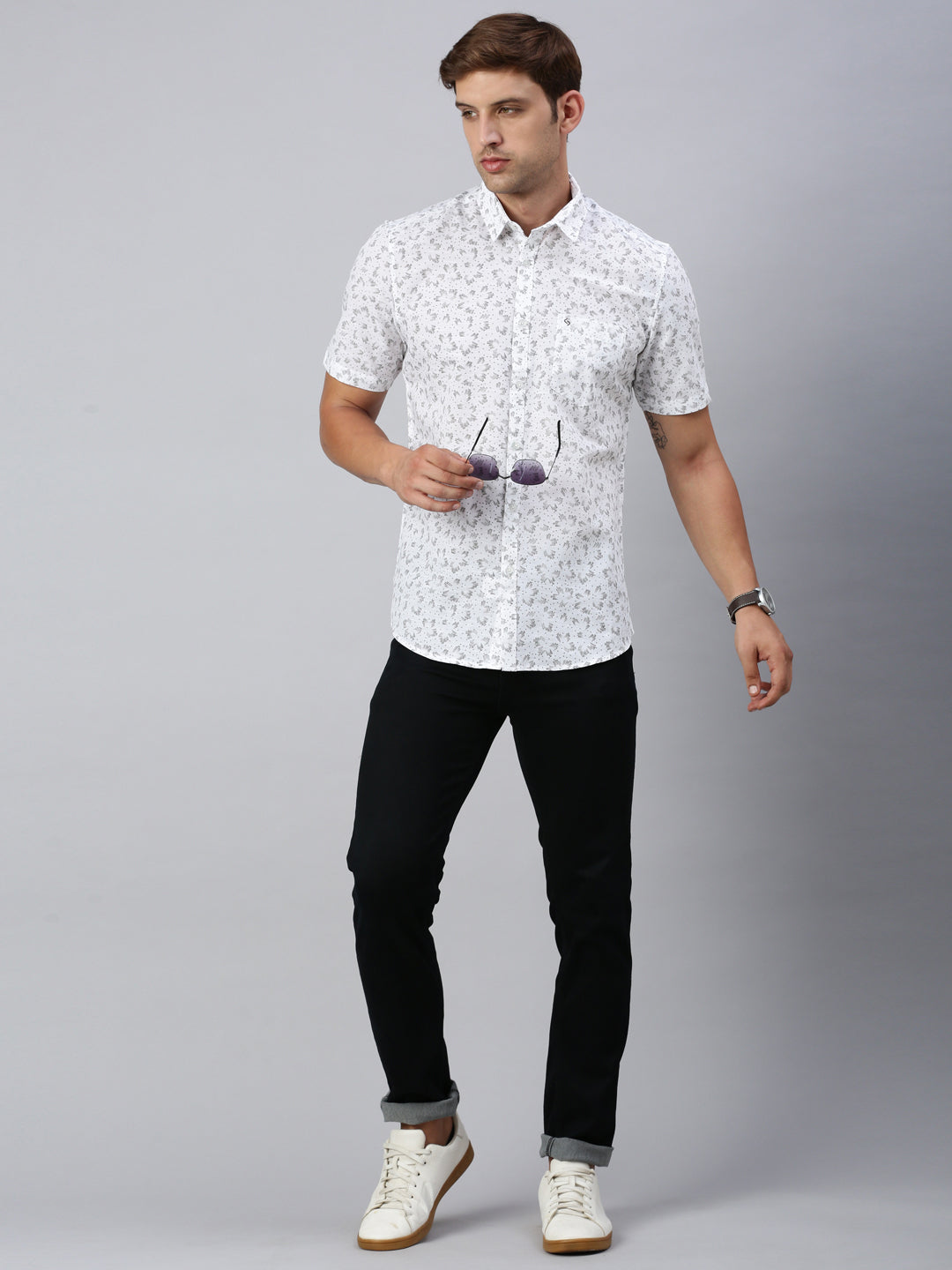Classic Polo Men's Half Sleeve White/Grey Slim Fit Printed Casual Shirt | SP2-CL-08 B-HS-PRT-SF