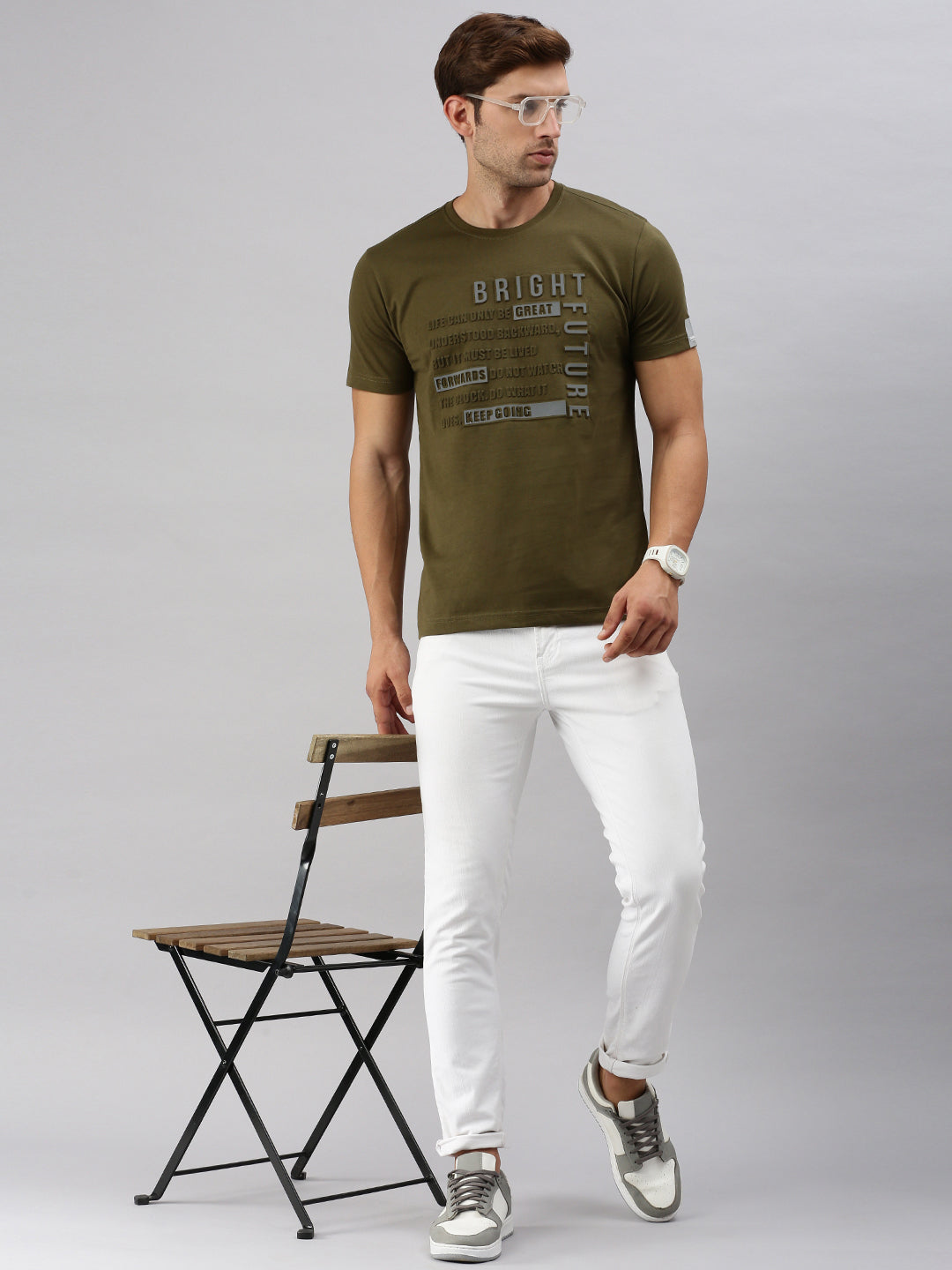 Classic Polo Men's Half Sleeve Olive Crew Neck Slim Fit Embossed T-Shirt | BALENO - 604 A SF C