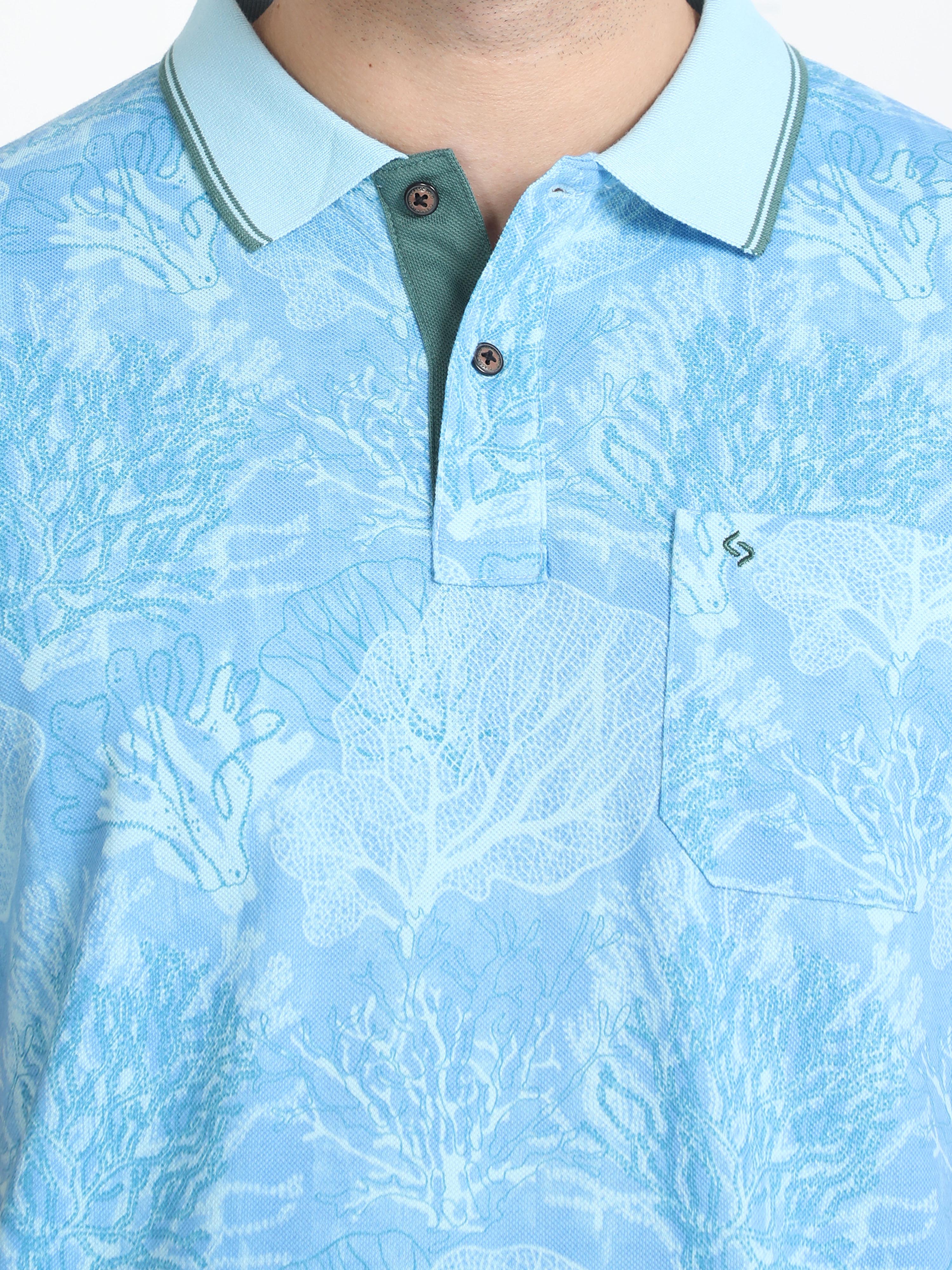 Classic Polo Mens Cotton Half Sleeves Floral Slim Fit Polo Neck Aqua Blue Color T-Shirt | Beau - 213 B Sf P