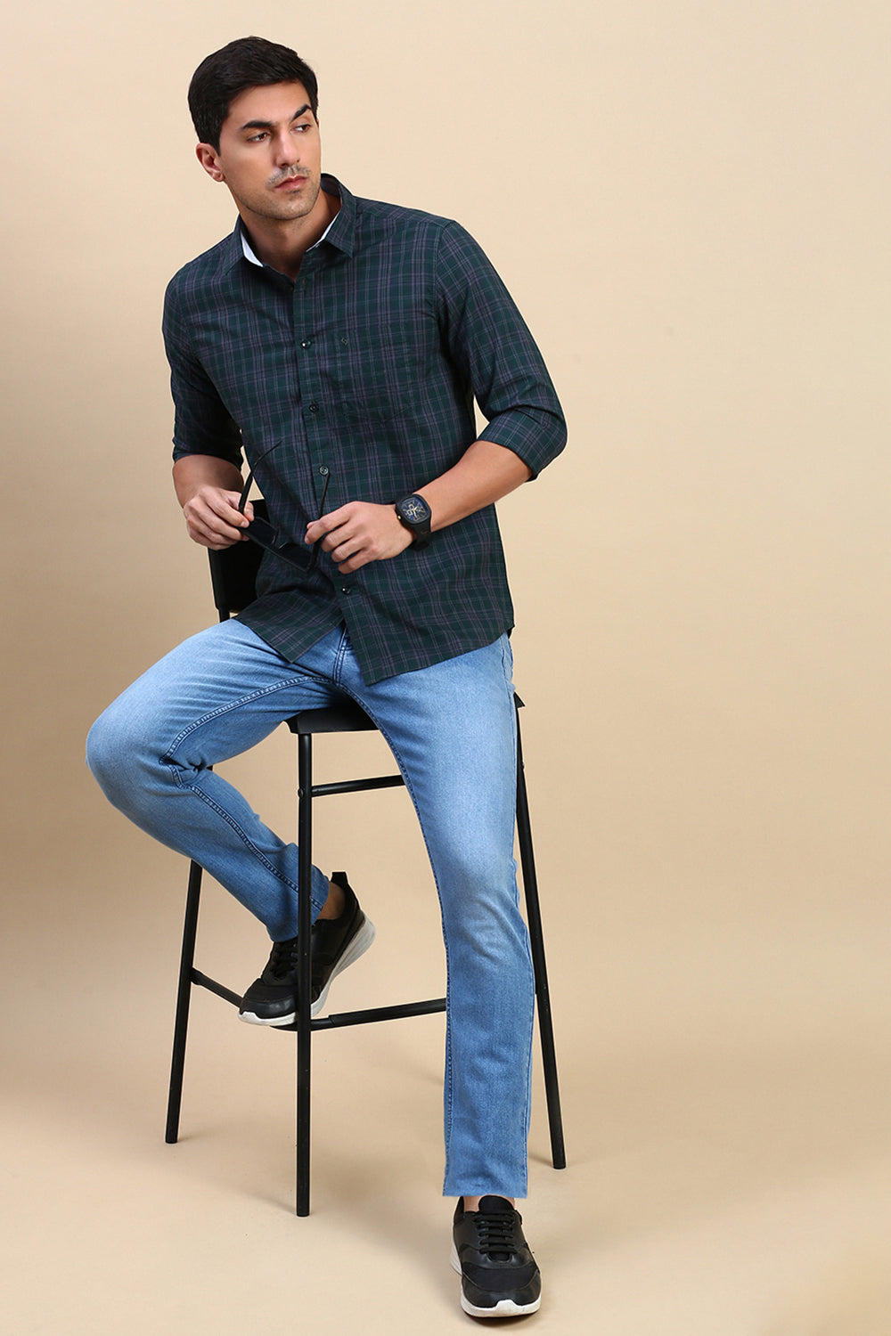 Classic Polo Men's Full Sleeve Dark Green Polo Neck Slim Fit Checked Shirt | SP2-CL-78 A-FS-CHK-SF