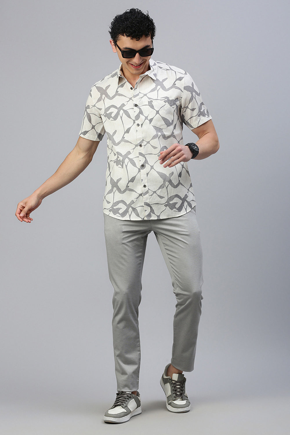 Classic Polo Men's Half Sleeve White/Grey Polo Neck Slim Fit All-Over Print Shirt