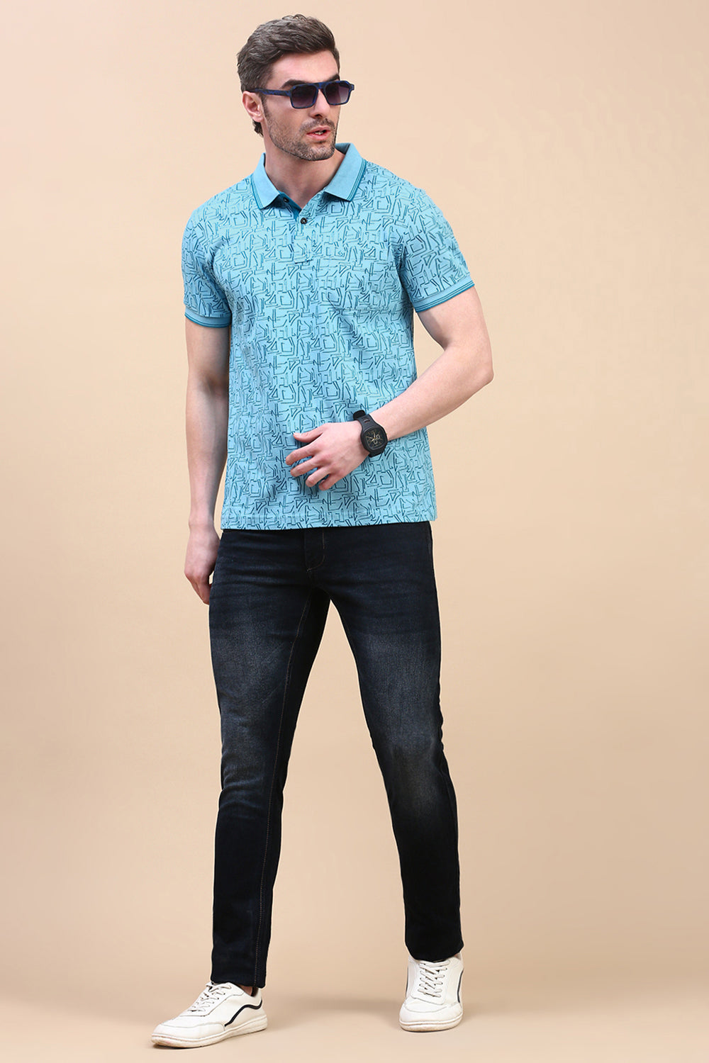 Classic Polo Men's Half Sleeve Blue Polo Neck Slim Fit All Over Print T-Shirt | BEAU - 277 A SF P