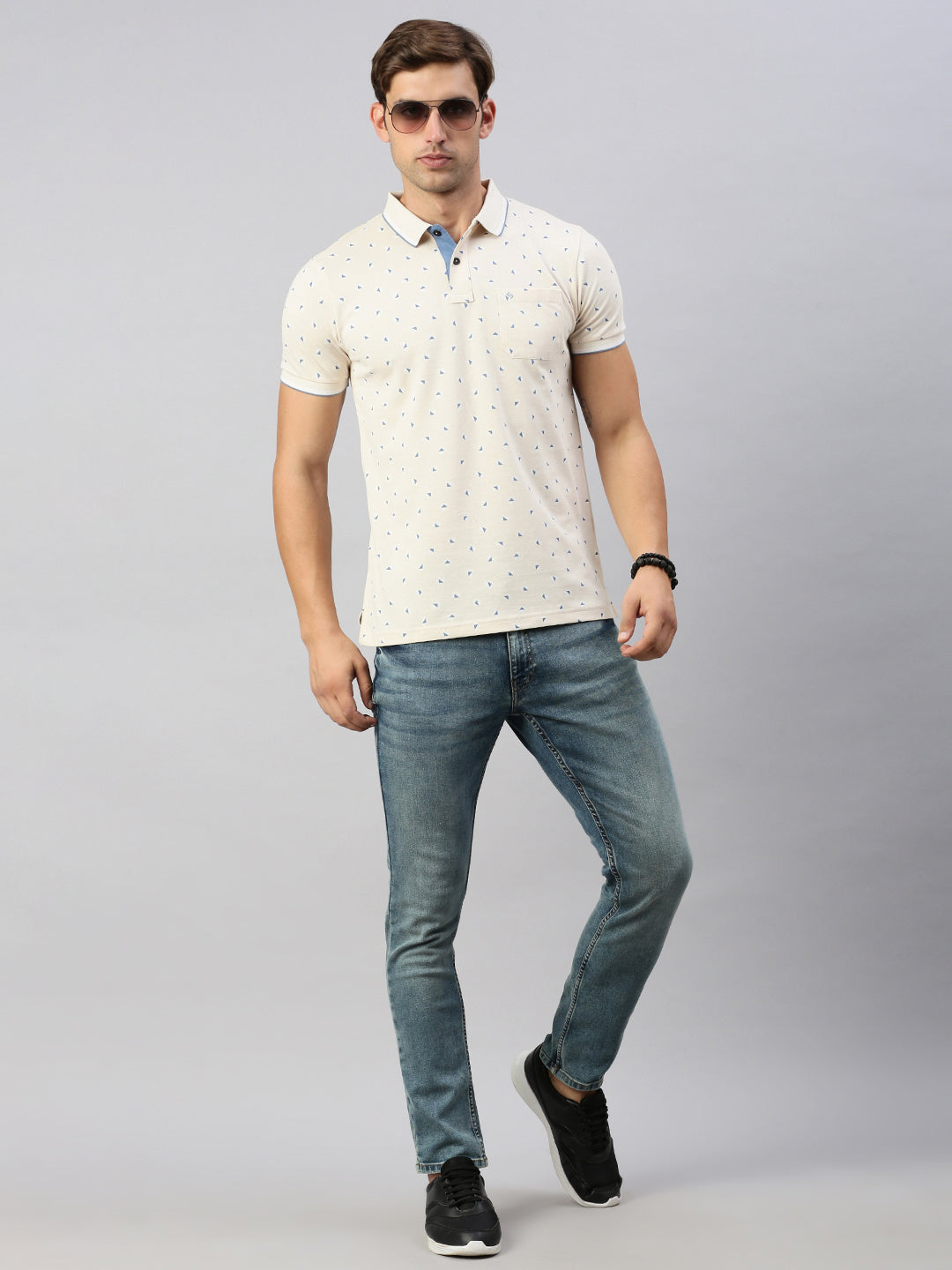 Classic Polo Men's Printed Beige Cotton Slim Fit Half Sleeve T-Shirt | BEAU - 263 A SF P