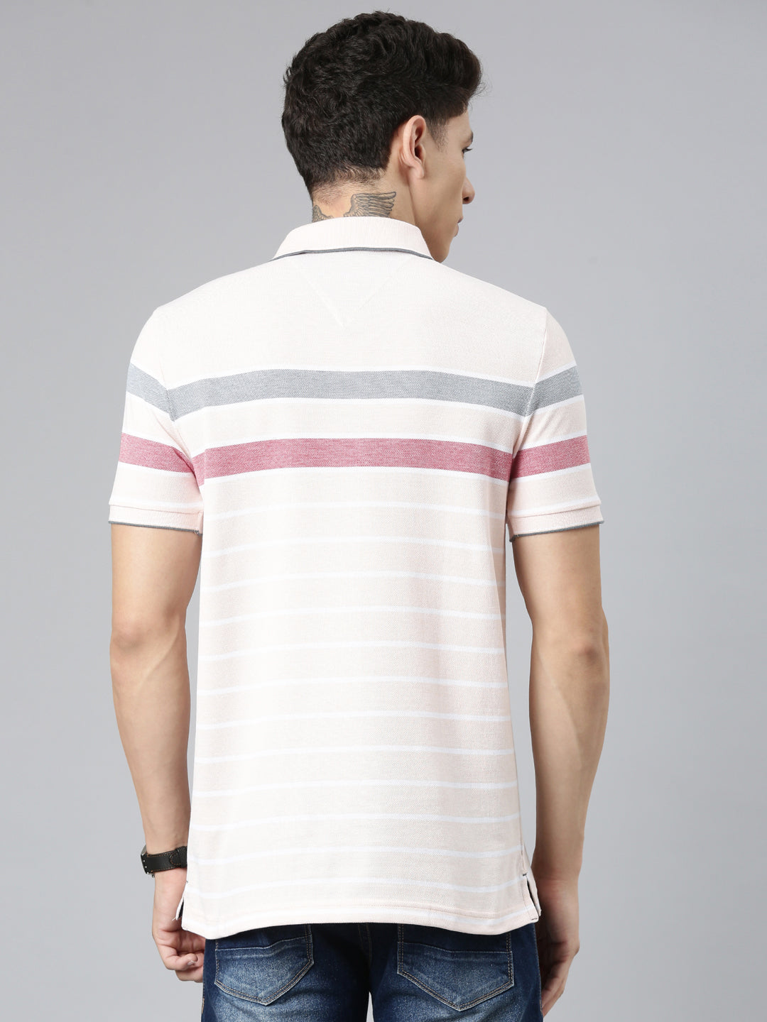 Classic Polo Mens Striped Cream Polo Neck Slim Fit T-Shirt | VTA - 265 B SF P