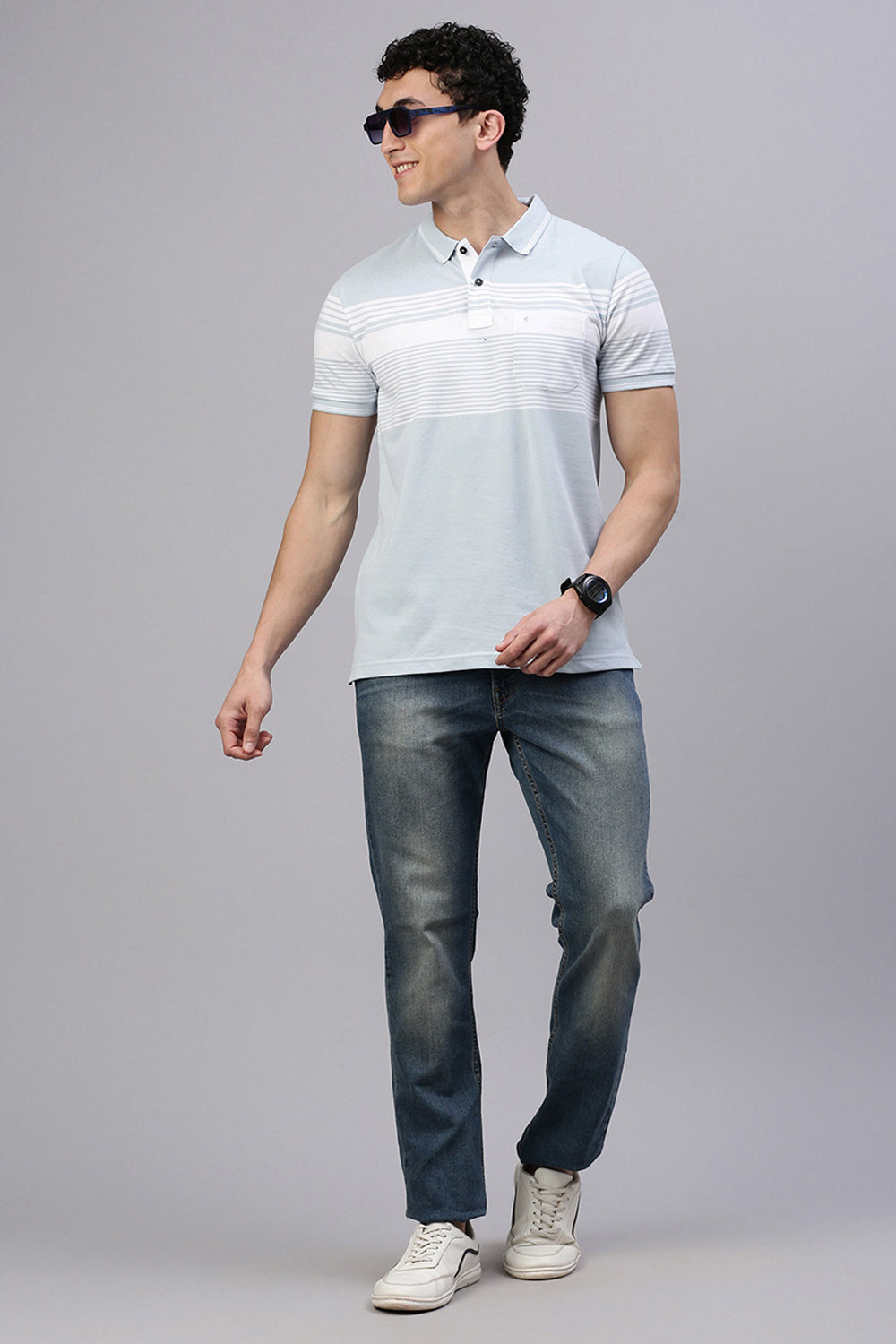 Classic Polo Men's Half Sleeve Grey/White Polo Neck Slim Fit Striped T-Shirt | VTA - 291 B SF P