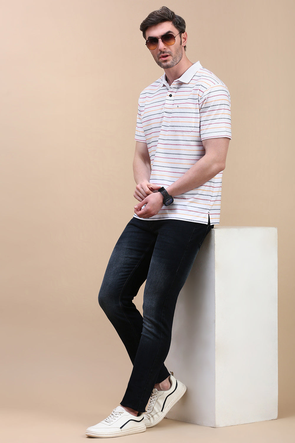 Classic Polo Men's Half Sleeve White Polo Neck Authentic Fit Striped T-Shirt | AVON - 602 A AF P