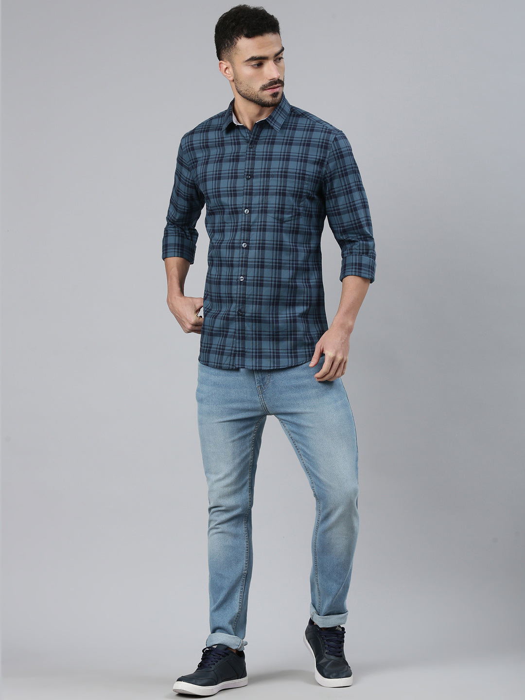 Classic Polo Men's Dark Green/Navy Blue Polo Neck Checked Cotton Slim Fit Woven Shirt | LSHQ2-103 A-FS-CHK-SF