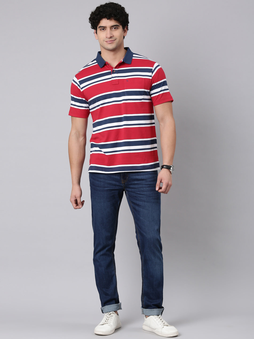 Classic Polo Men's Half Sleeve Red/White Polo Neck Authentic Fit Striped Cotton Blend T-Shirt | AVON - 661 A AF P