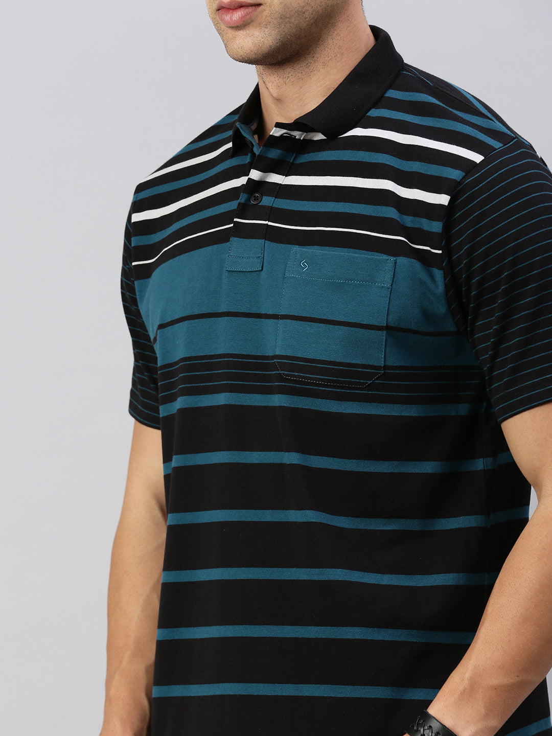 Classic Polo Men's Half Sleeve Black/Teal Polo Neck Authentic Fit Striped T-Shirt | AVON - 587 B AF P