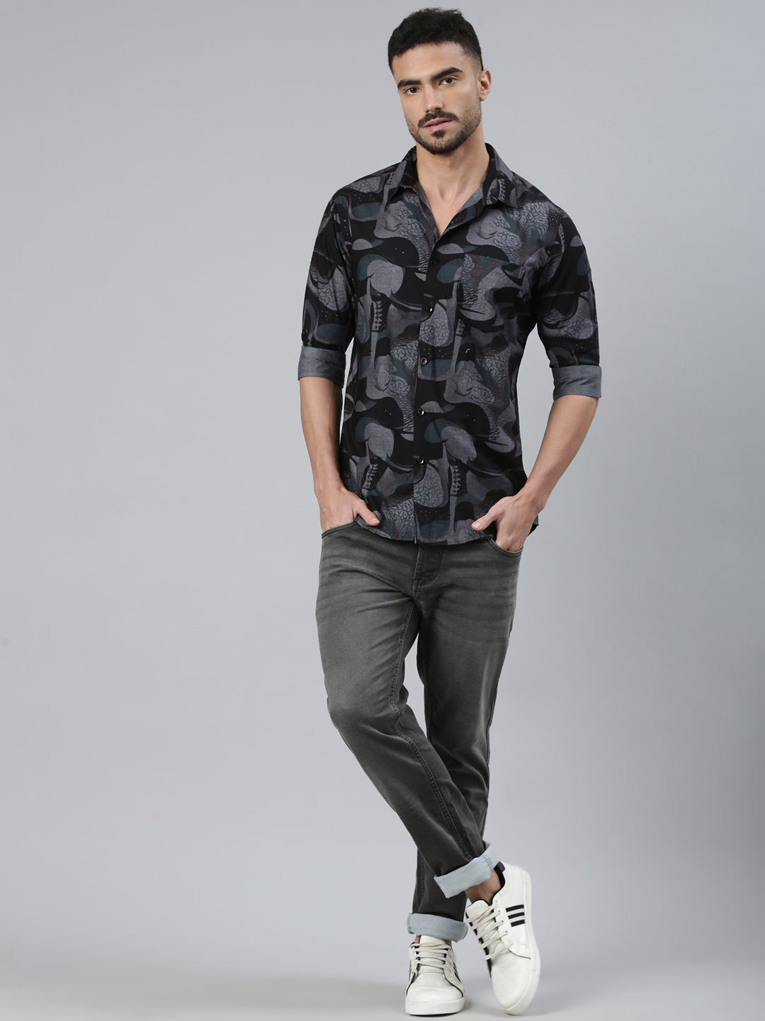 Classic Polo Men's Full Sleeve Multicolor Polo Neck Slim Fit All-Over Print Cotton Casual Shirt | SQ2-EL-36 A-FS-PRT-SF