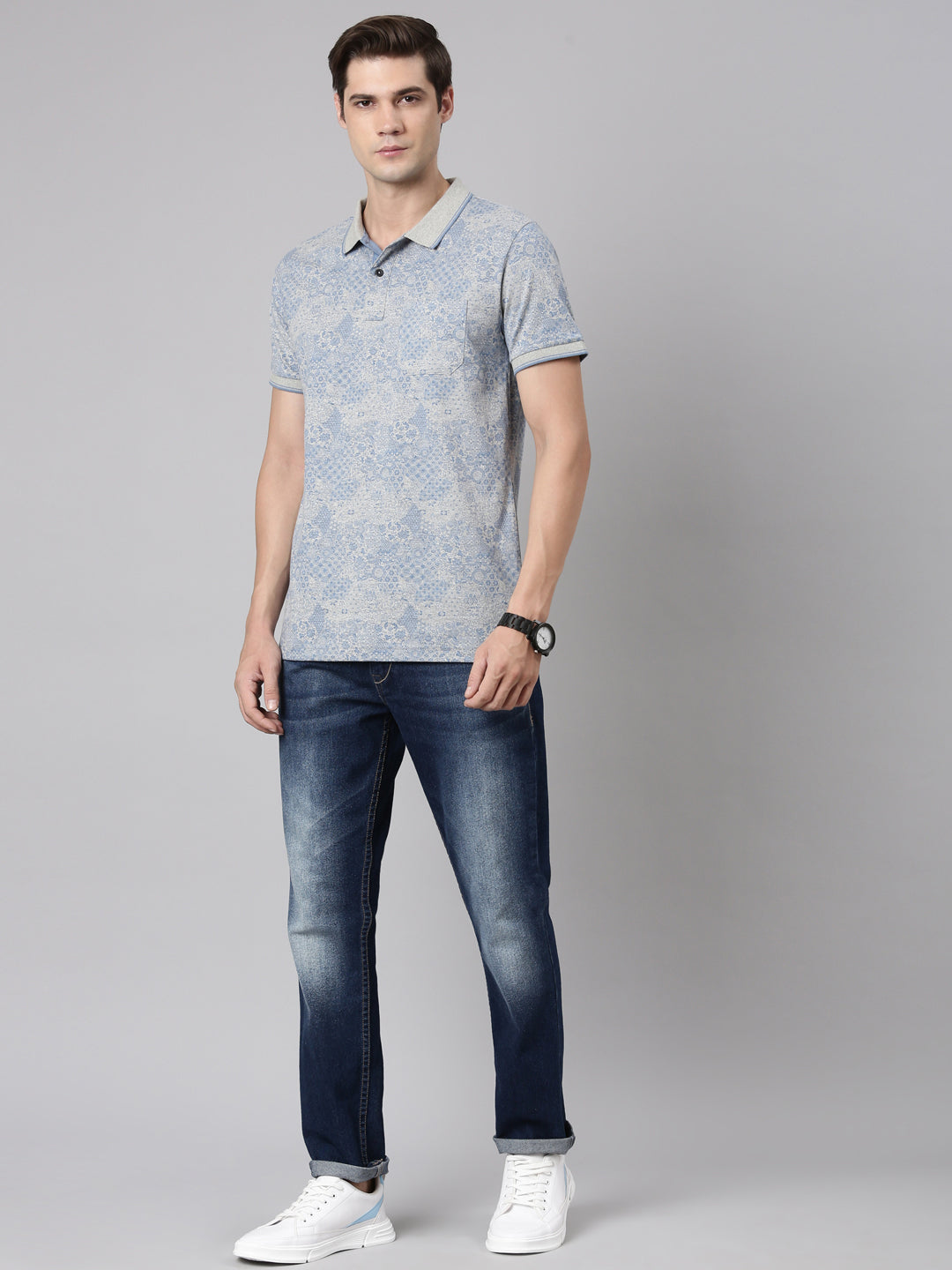Classic Polo Men's Polo Neck Cotton Grey/Blue Slim Fit Printed T-Shirt | BELLO-288 A SF P