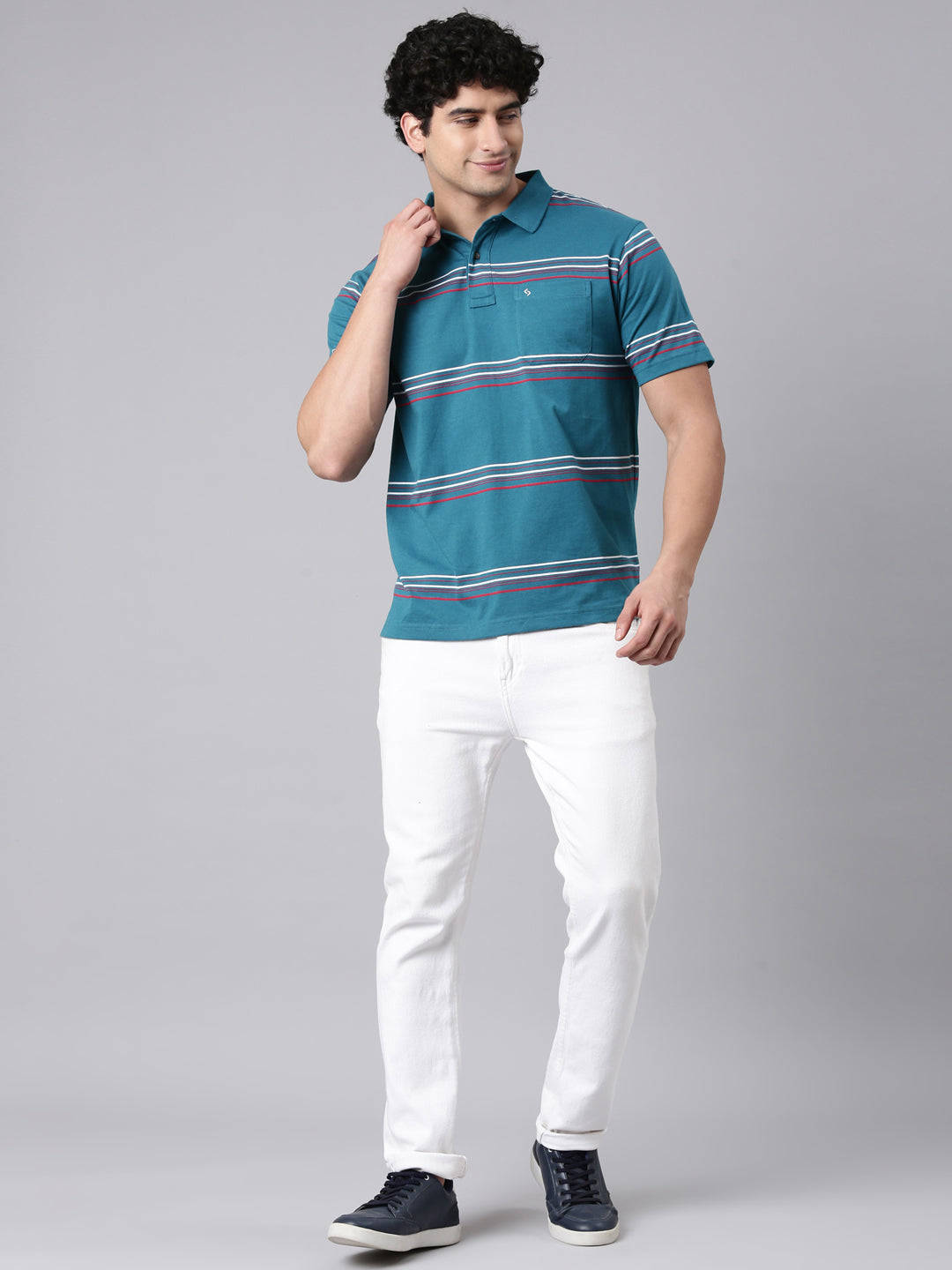 Classic Polo Men's Half Sleeve Teal Blue Polo Neck Authentic Fit Striped Cotton Blend T-Shirt | AVON - 650 B AF P