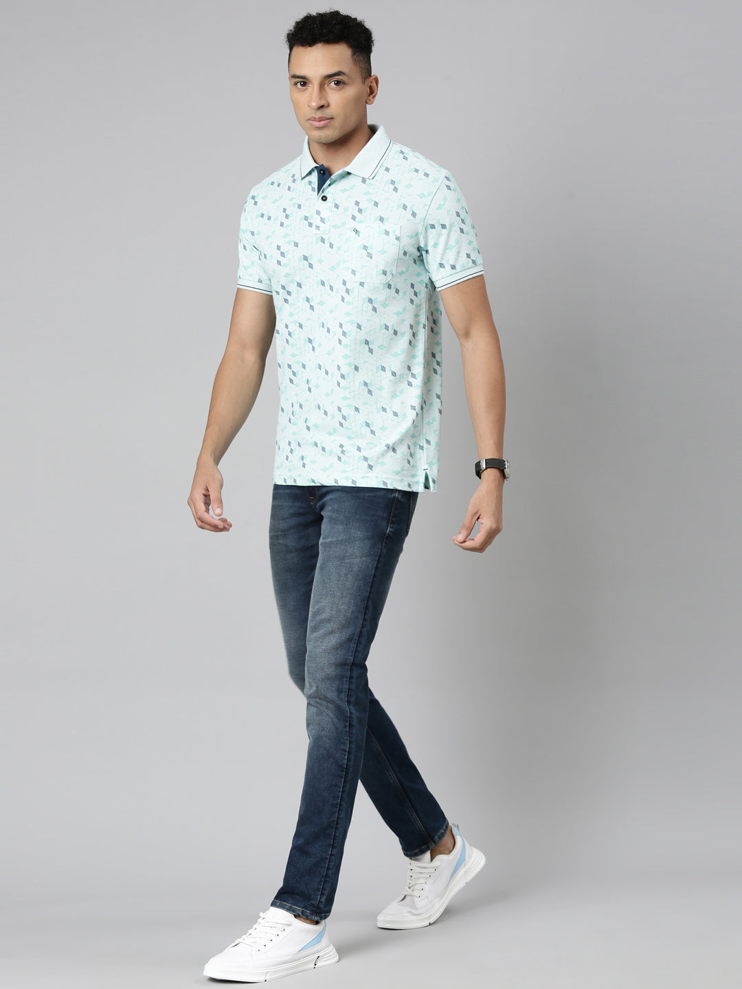 Classic Polo Men's Polo Neck Cotton Lt.Green Slim Fit Printed T-Shirt | BEAU-242 B SF P