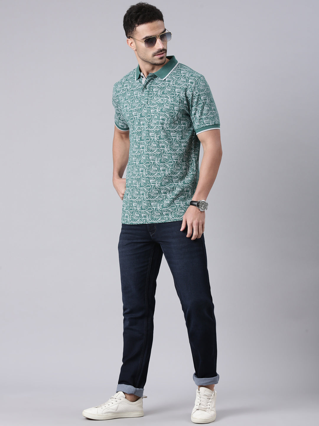 Classic Polo Men's Half Sleeve Green/Grey Polo Neck Slim Fit All-Over Print Cotton T-Shirt | LTS-AOP - 98 B SF P