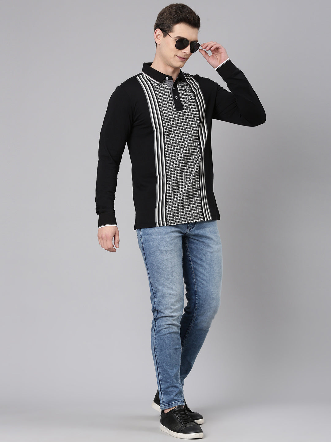 Classic Polo Men's Full Sleeve Black/White Polo Neck Slim Fit All-Over Print Cotton T-Shirt | VERNO - 370 B SF P