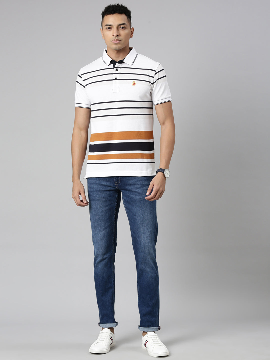 Classic Polo Men's Polo Neck Cotton White/Navy Slim Fit Striped T-Shirt | VTA-280 A SF P